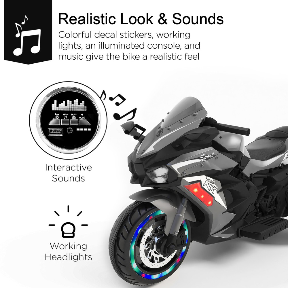 12V Gray Kids Electric Motorcycle, USB MP3 Function, Premium Gift for Kids