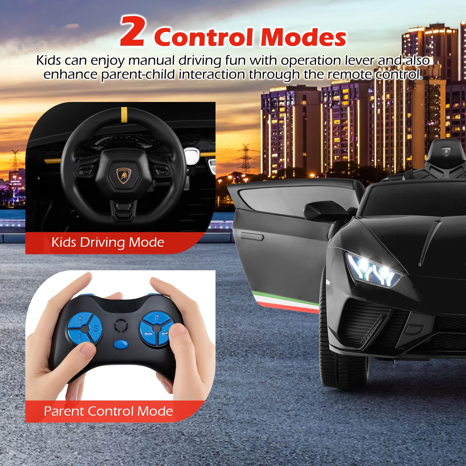 4WD 2-Seater Ride on Car, Licensed Lamborghini Kid’s’ Vehicles w/ Remote Control