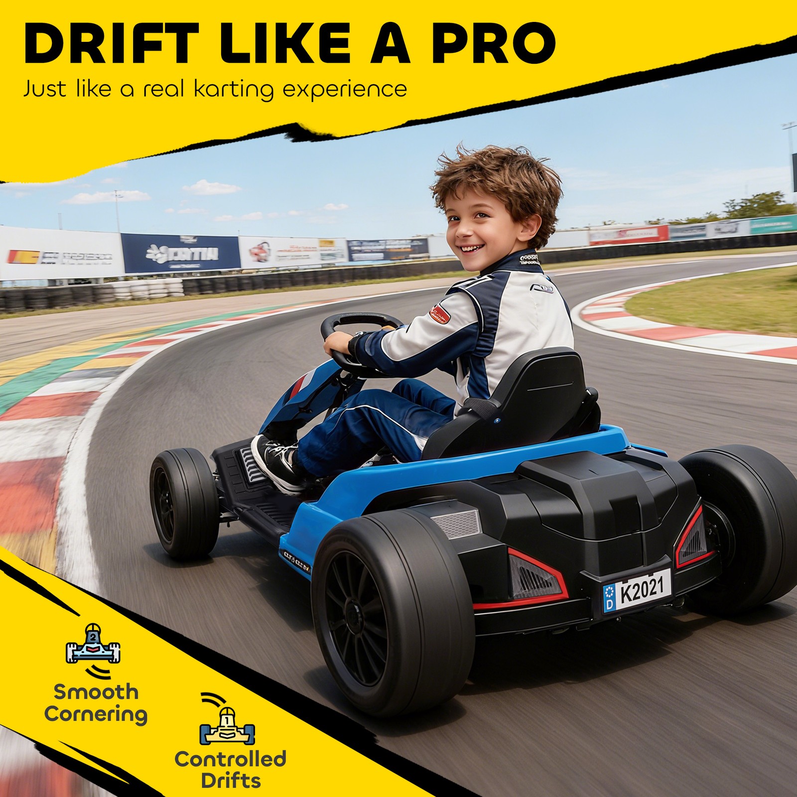 24V Electric Go Kart, Kids Drift Kart with Dual 150W Motors, Blue