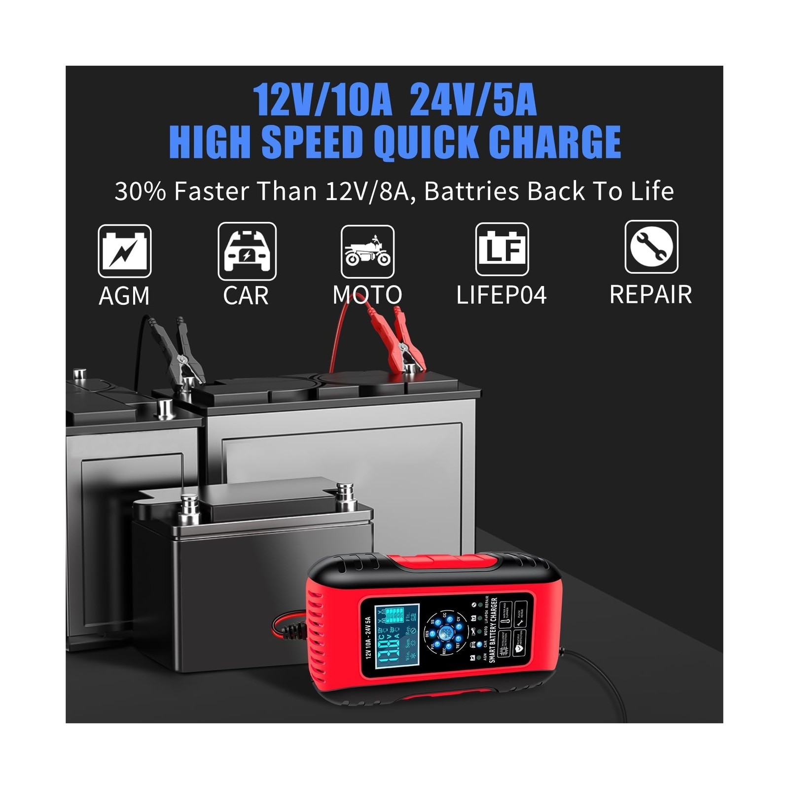 E-FAST Battery Charger 10-Amp 12/24V LiFePO4 Lead Acid Fully Automatic Batter…