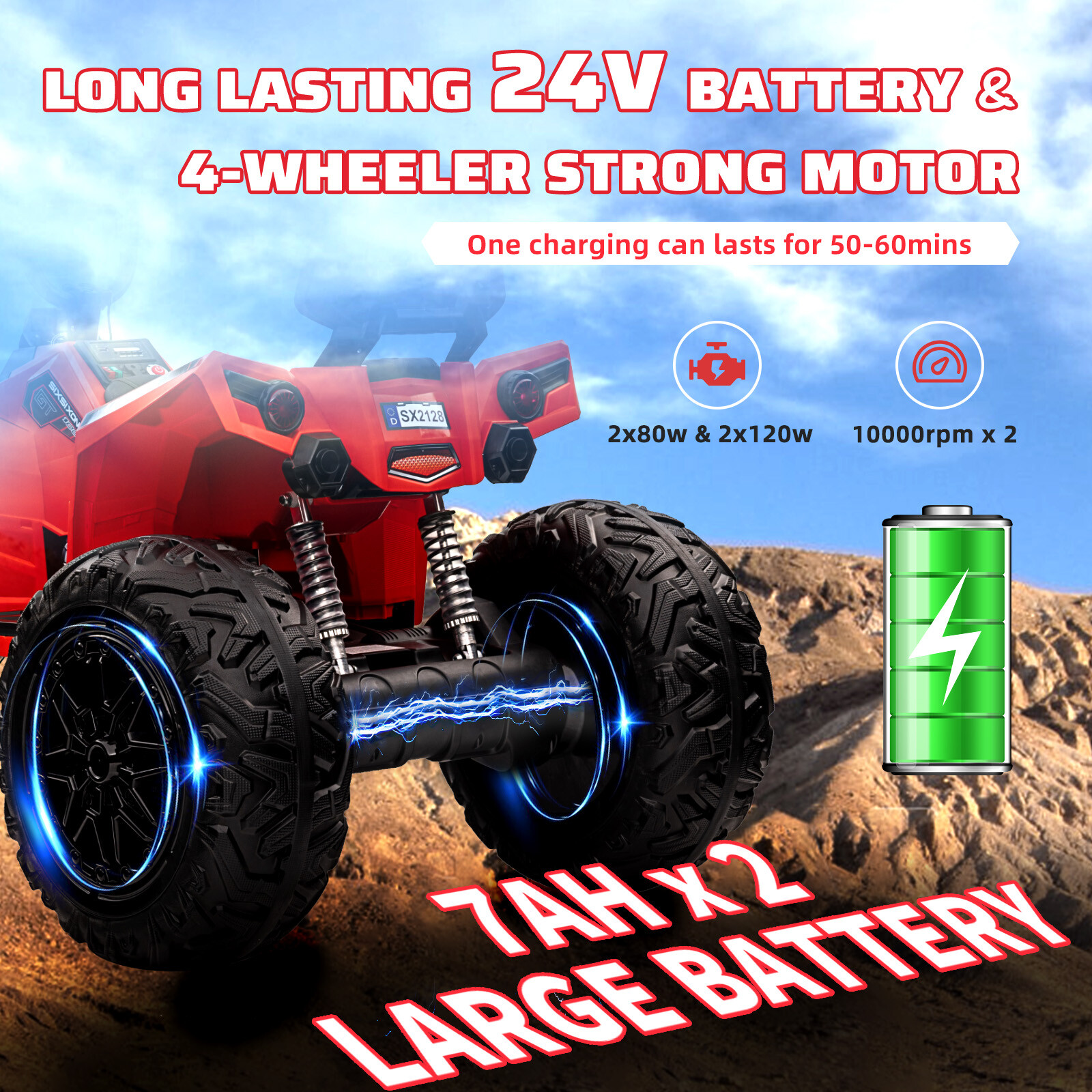 Kids ATV Car, 24V Ride On Car 4WD Quad Electric Vehicle, 4x80W Powerful Engine