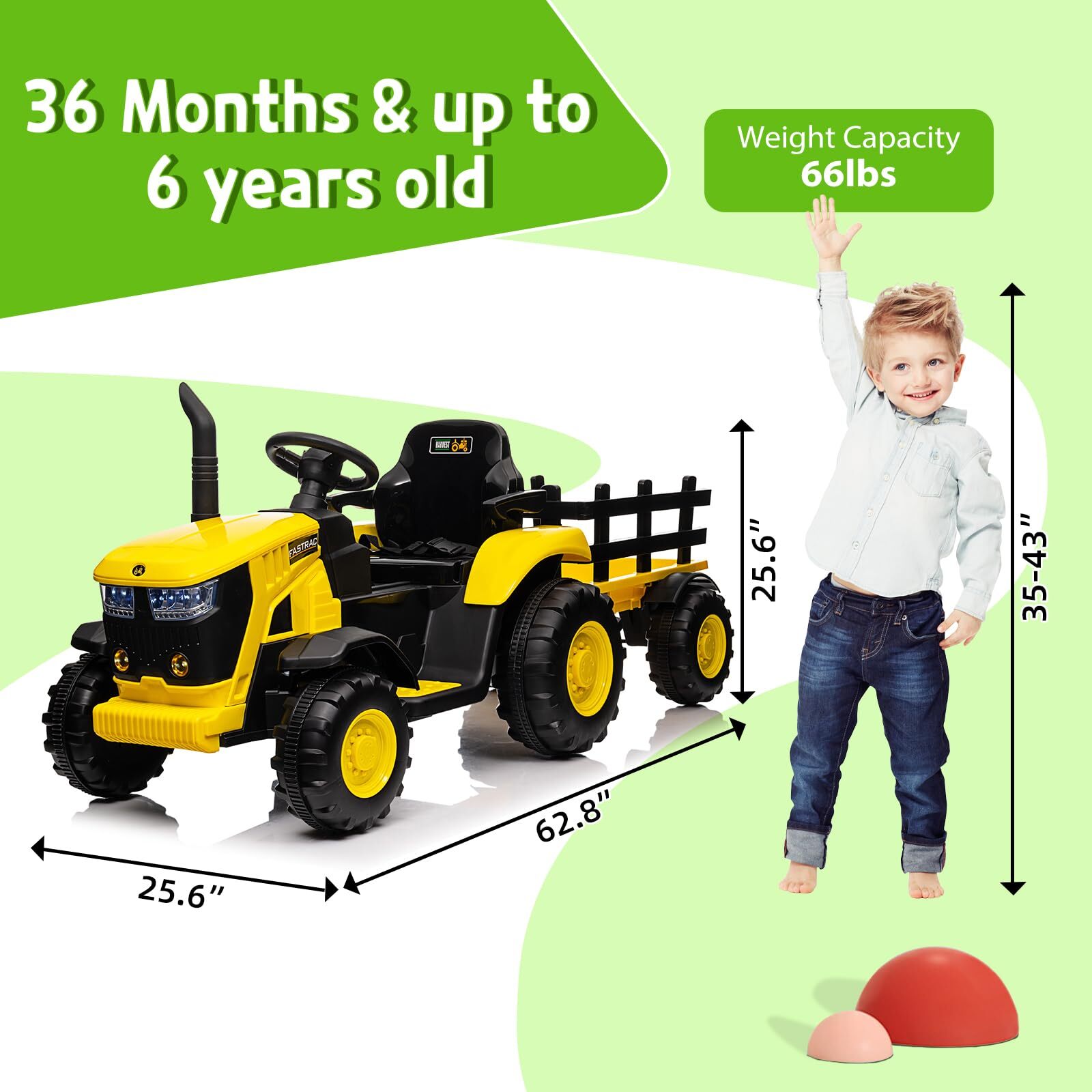 Electric Kids Ride-On Tractor with Trailer Dual Motors Led Lights Music Mode