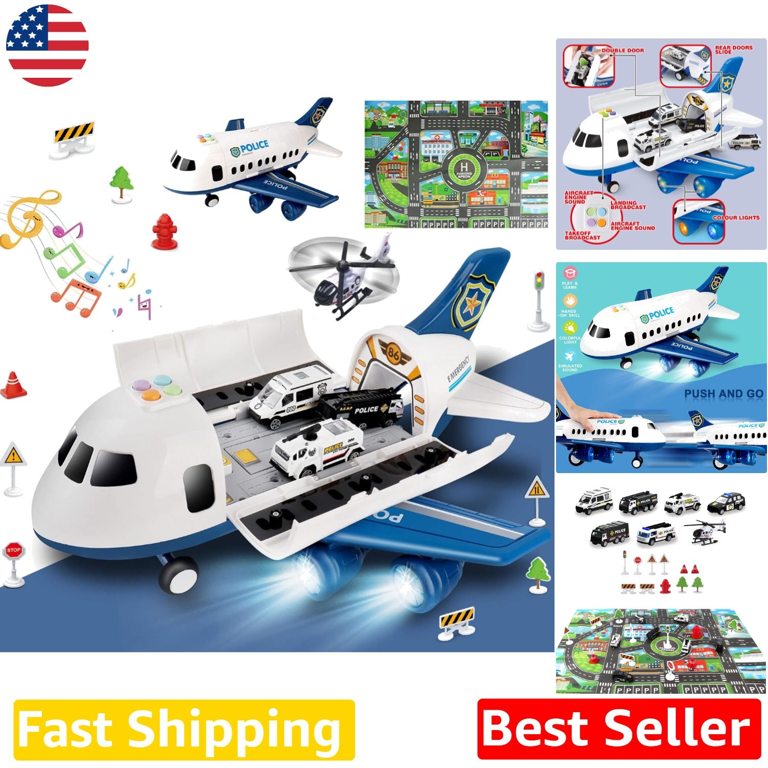 20-Piece Police Toy Airplane – Friction Powered, Metal Cars, Play Mat