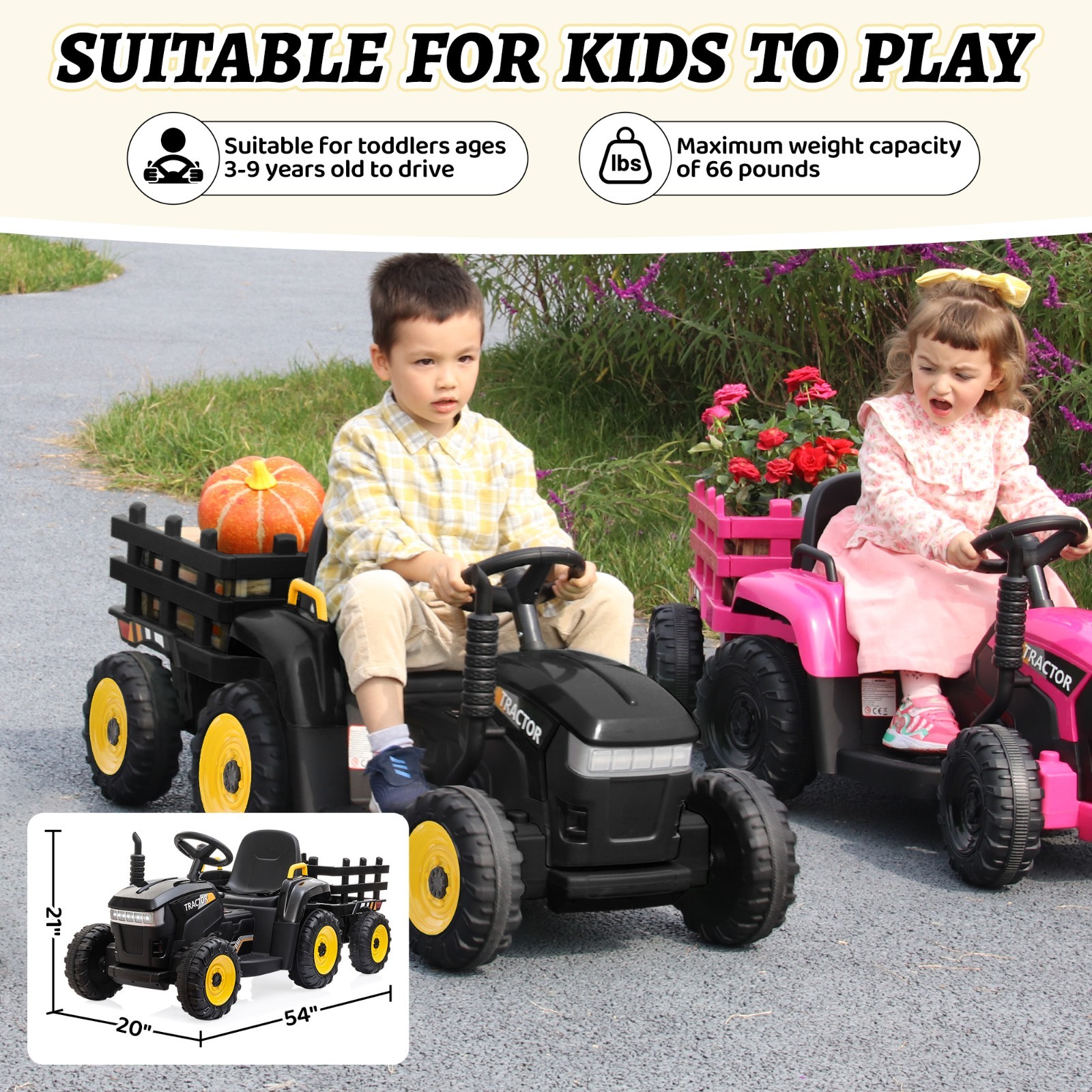 TOBBI Battery Powered Toy Car 12V Kids Ride On Car Electric Tractor w/ Trailer