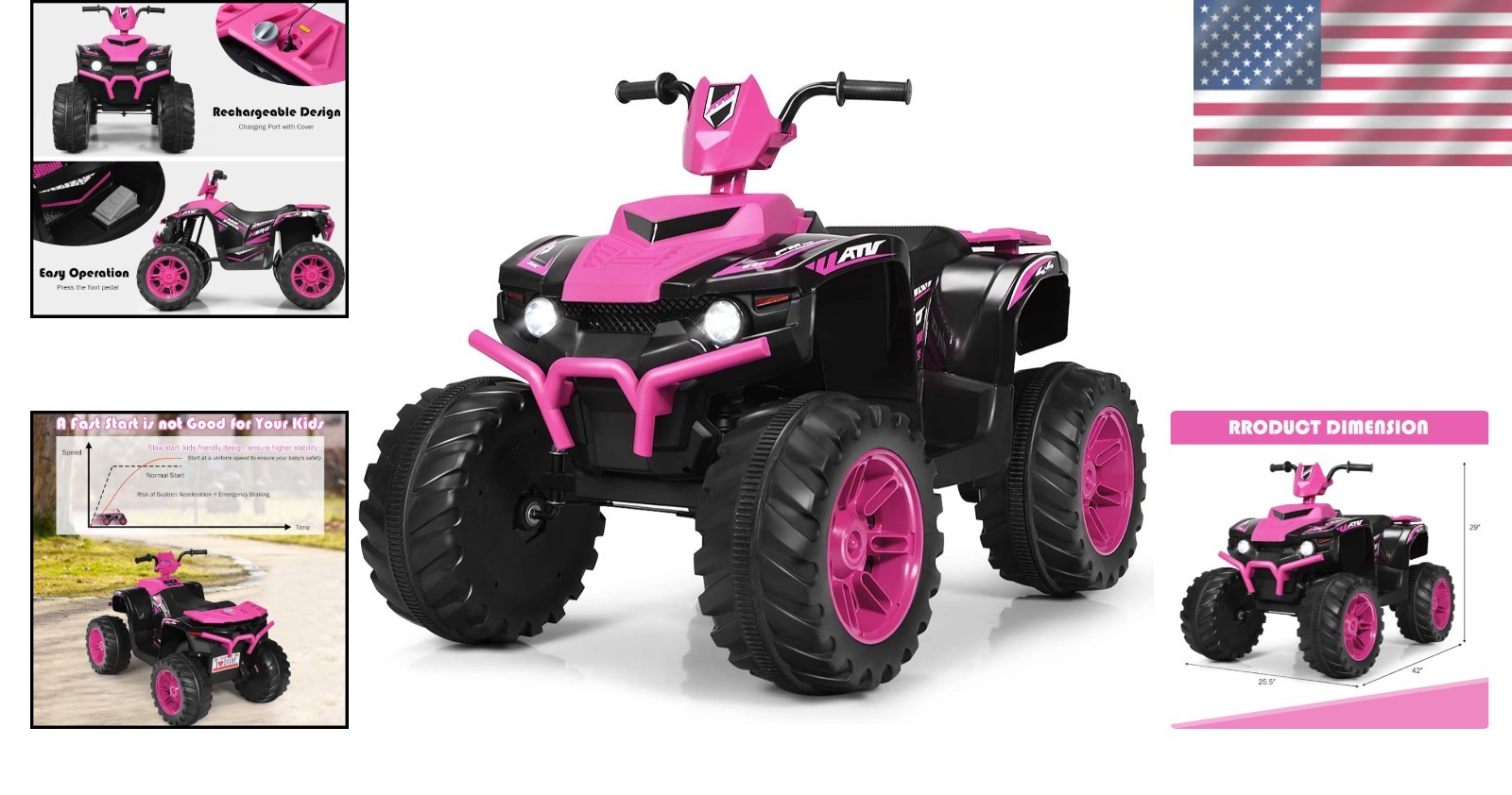Pink Kids 12V Electric Quad with All Terrain Tread Tires and Fun Features
