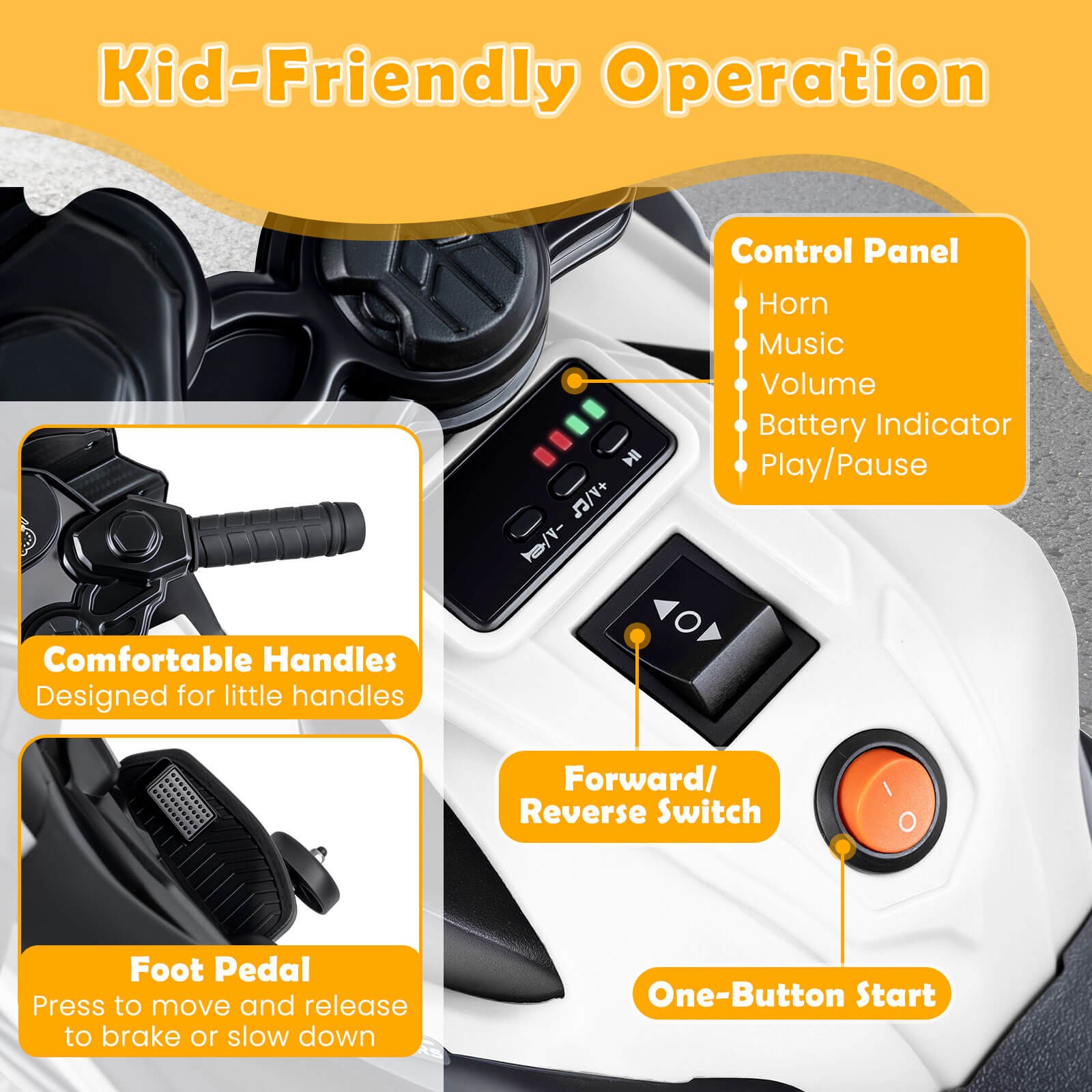 6V Kids Motorcycle w/Music, Horn, Detachable Training Wheels & LED Headlights