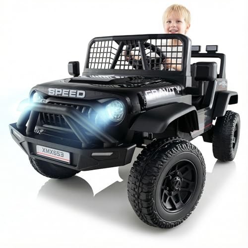 Black 24V Ride-On Car with Bluetooth, LED Lights, Horn, Spring Black