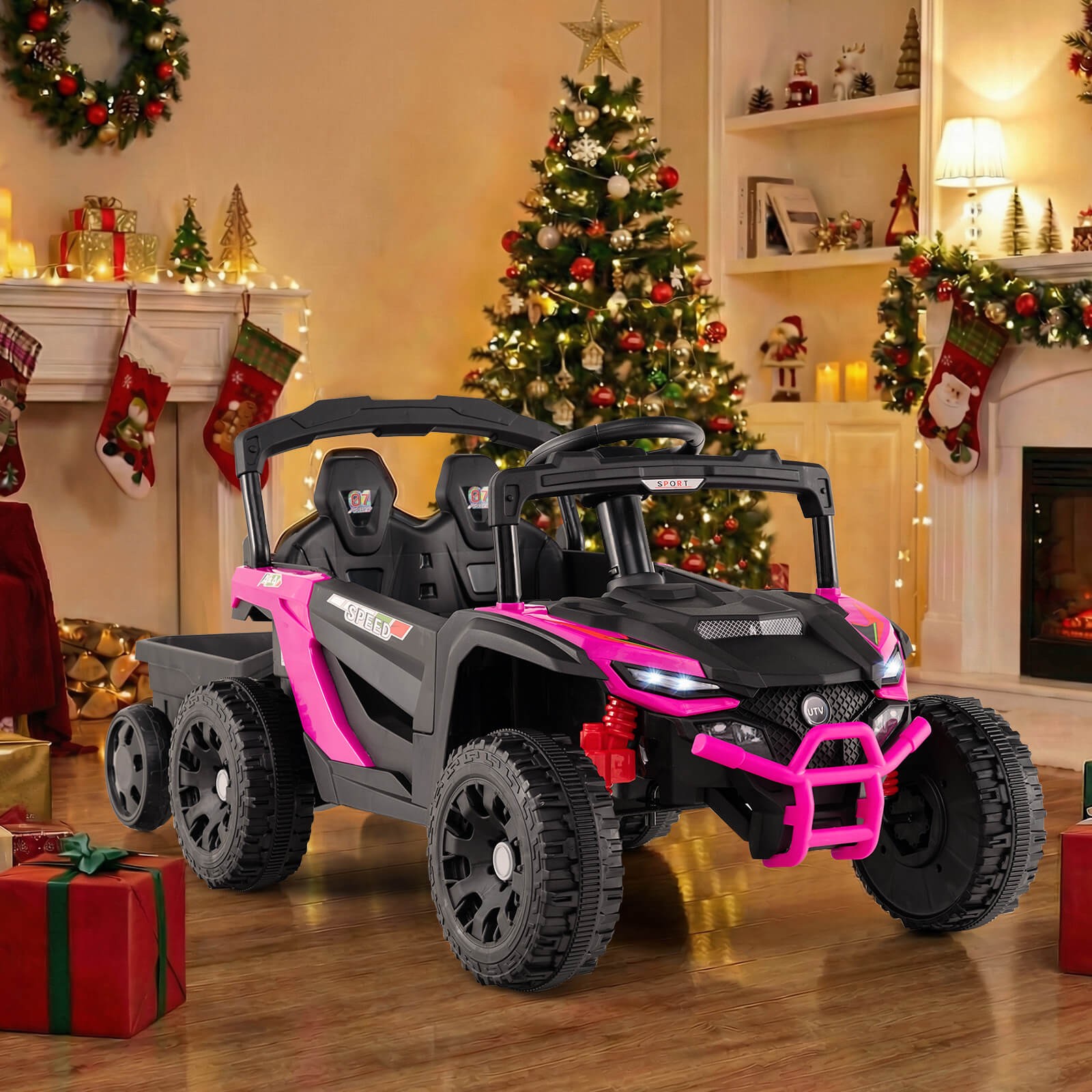 12V Kids Ride On UTV w/Detachable Trailer, Remote Control, 3 Speeds, LED Lights