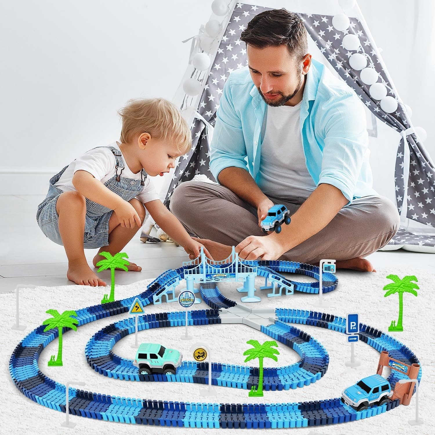 Create Your Frozen World: 269 PCS Race Track Playset & 2 Race Cars for Ages 3-6