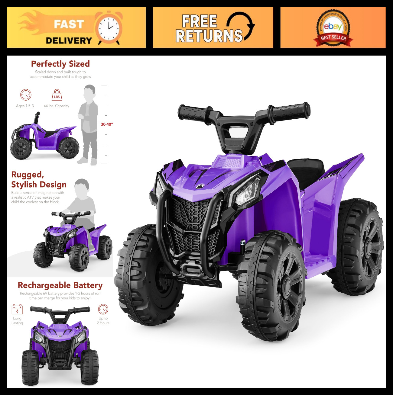 6V Kids Ride On ATV Quad 4-Wheeler Play Car, Treaded Tires, Push-Button, Purple