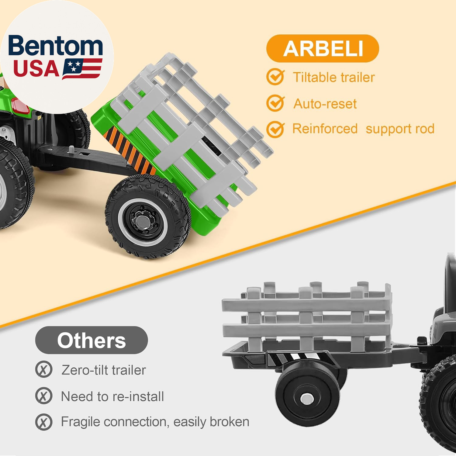 12V 7AH Ride on Tractor W/Tiltable Trailer & Remote Control, 2X45W Motors, Bluet