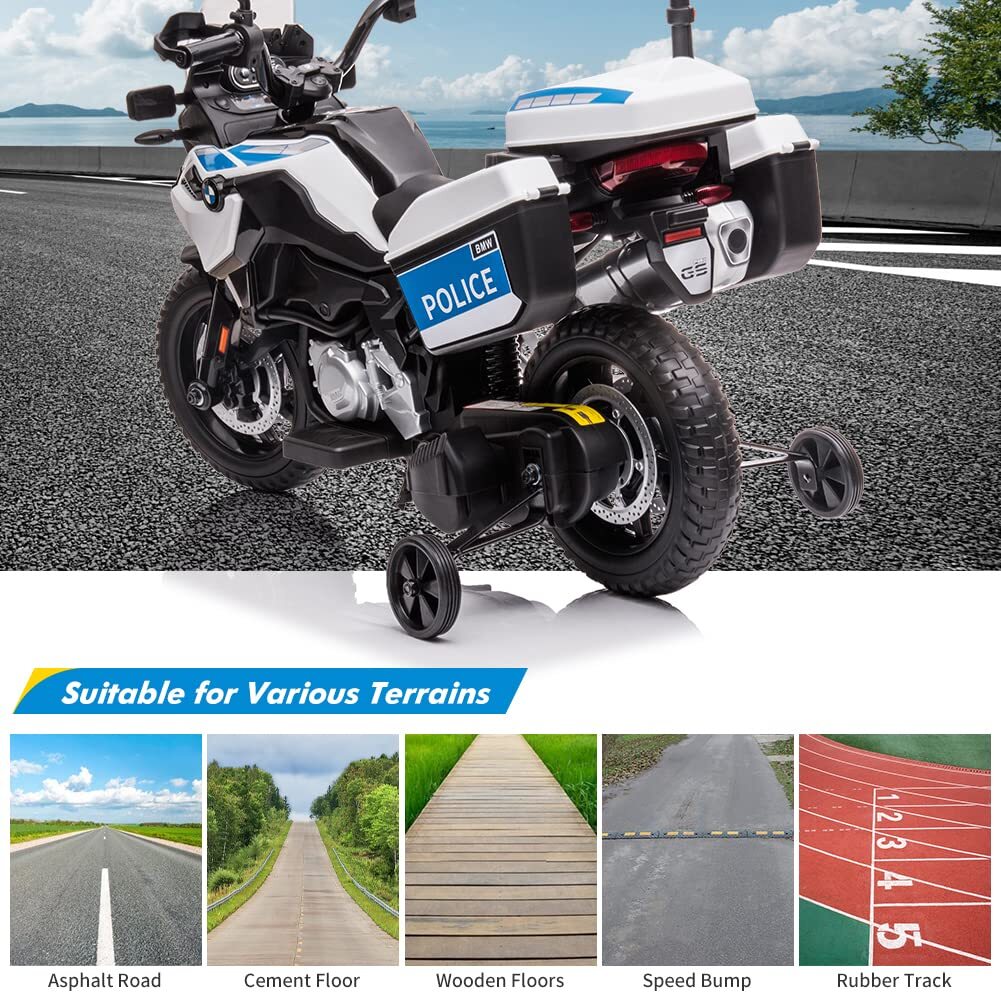 Kids Motorcycle Ride On Police Motorcycle 12V Battery Powered w/ Training Wheels