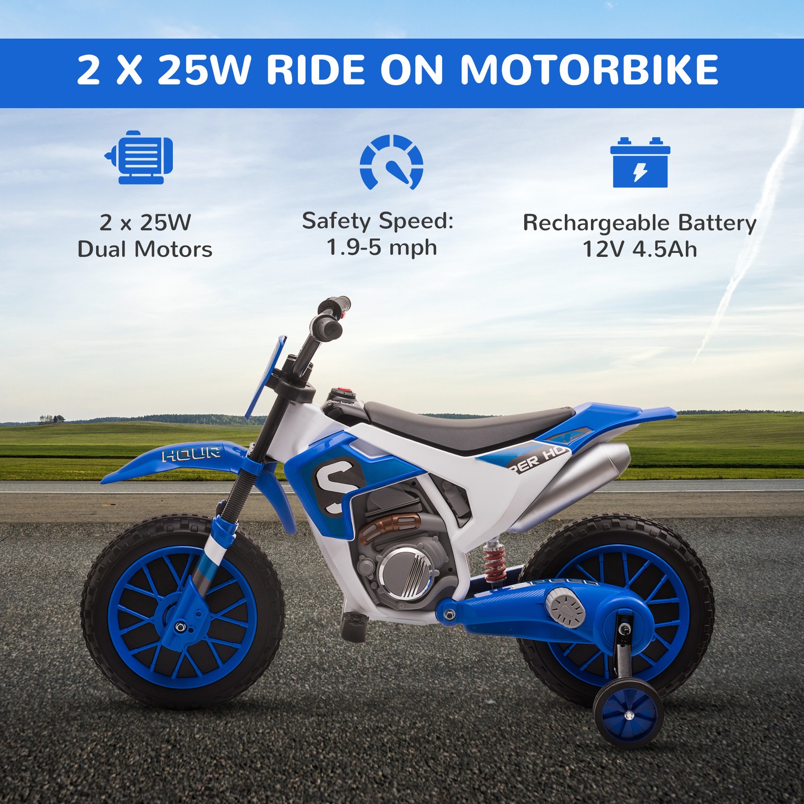 12V Ride On Dirt Bike Electric Off Road Motorcycle Toy with Training Wheels