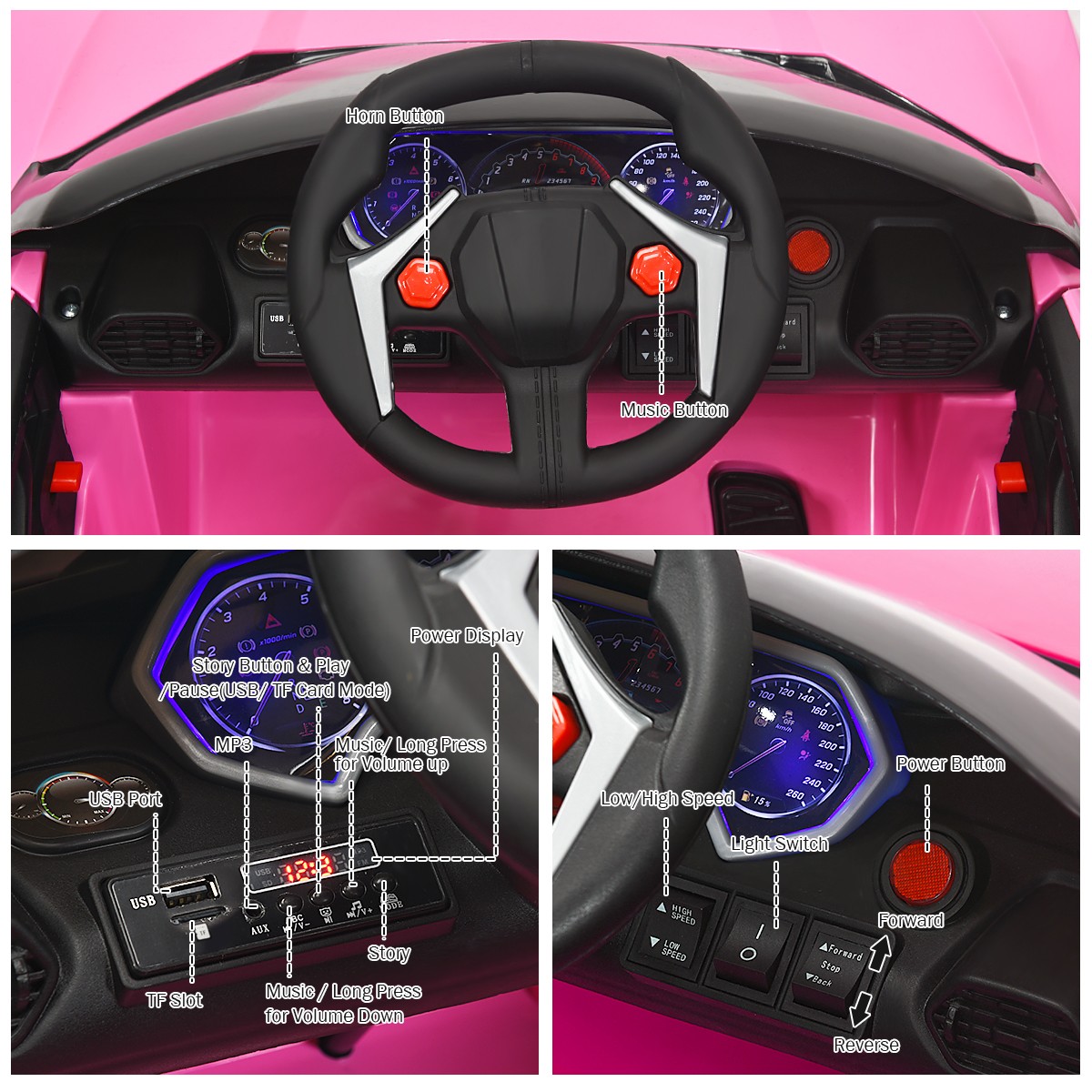 12V Kids Ride On Car 2.4G RC Electric Vehicle W/ Light Music Openable Doors Pink