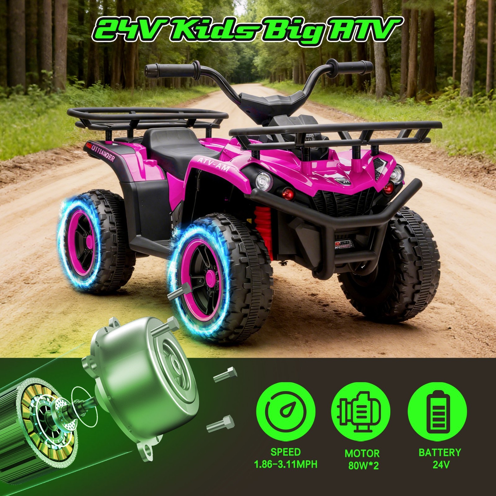 24V Kids Ride On ATV, 160W Off-Road Toys w/LED, Dual Storage Racks,Pink