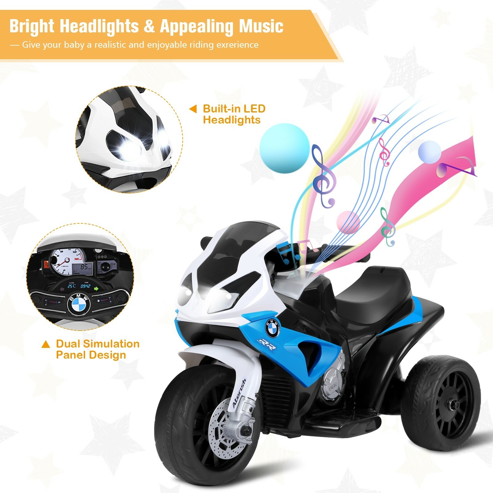 Kids Ride On Motorcycle BMW Licensed 6V Electric 3 Wheels Bicycle w/ Music&Light