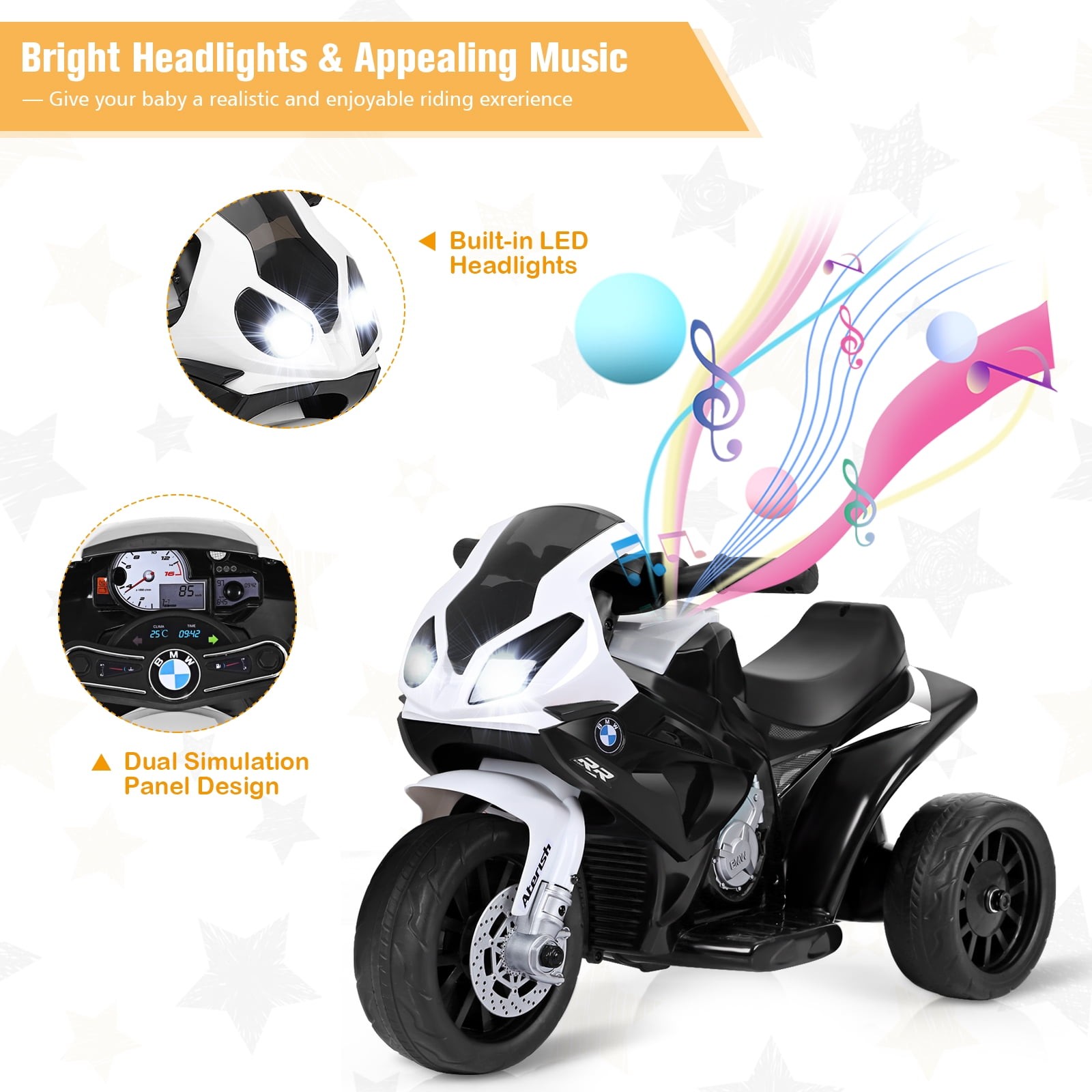 6V Kids Licensed Electric 3-Wheel Motorcycle Ride-On Black with Music & Light
