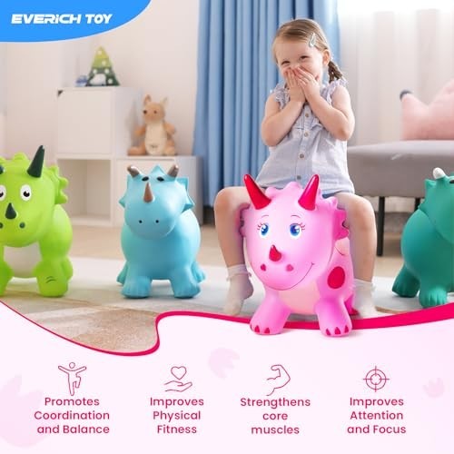 Pink Triceratops Bouncy Hopper Toy – Ride-On Inflatable for Kids 2-5, Indoor/Out