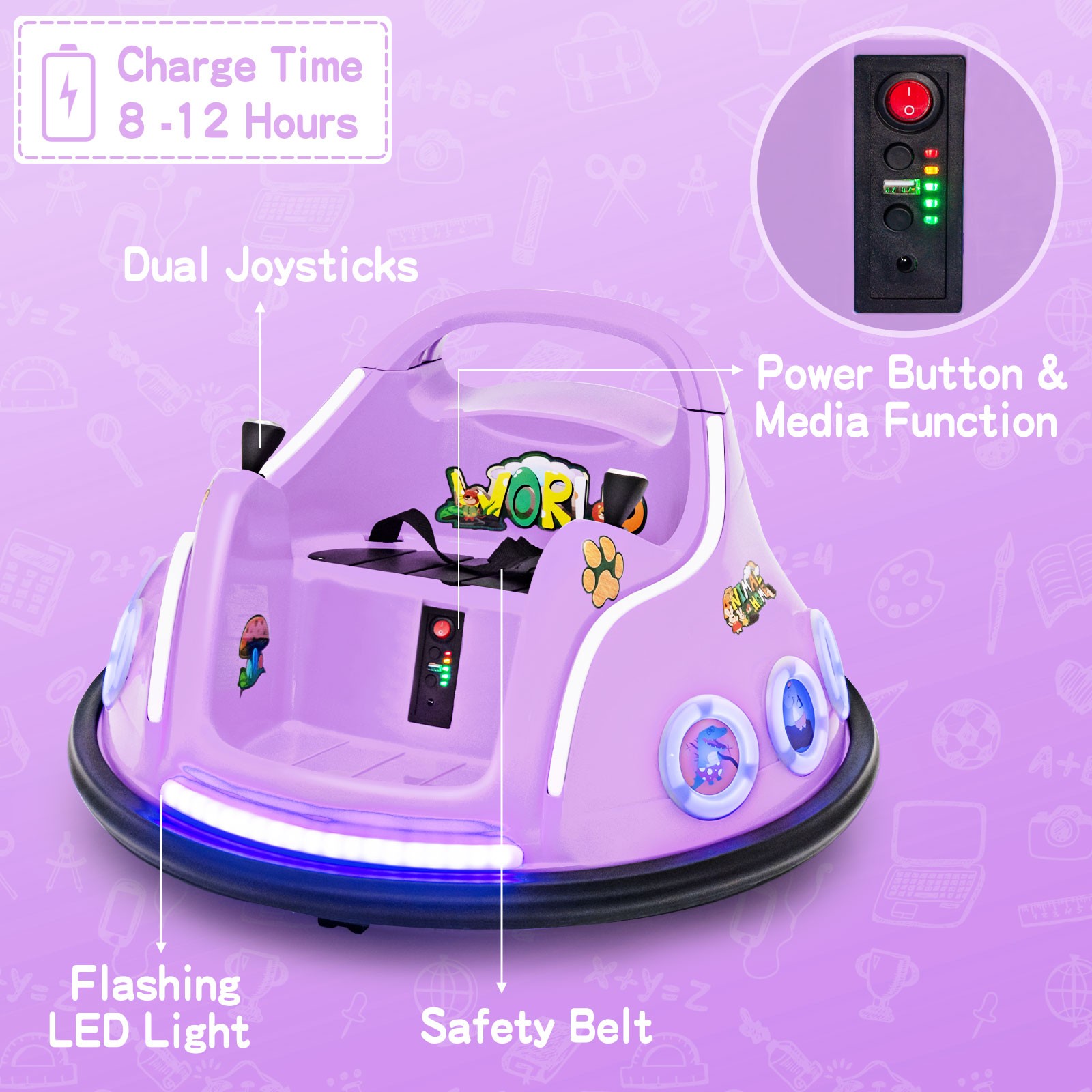 Kids 12V Ride on Bumper Car Remote Control w/ Flashing LED Light & Music Purple