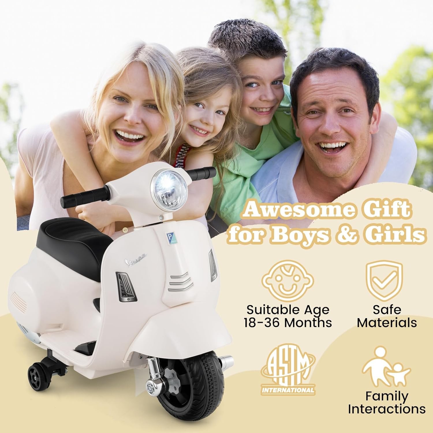 Kids’ Electric Vespa Motorcycle with Training Wheels and Realistic Design.