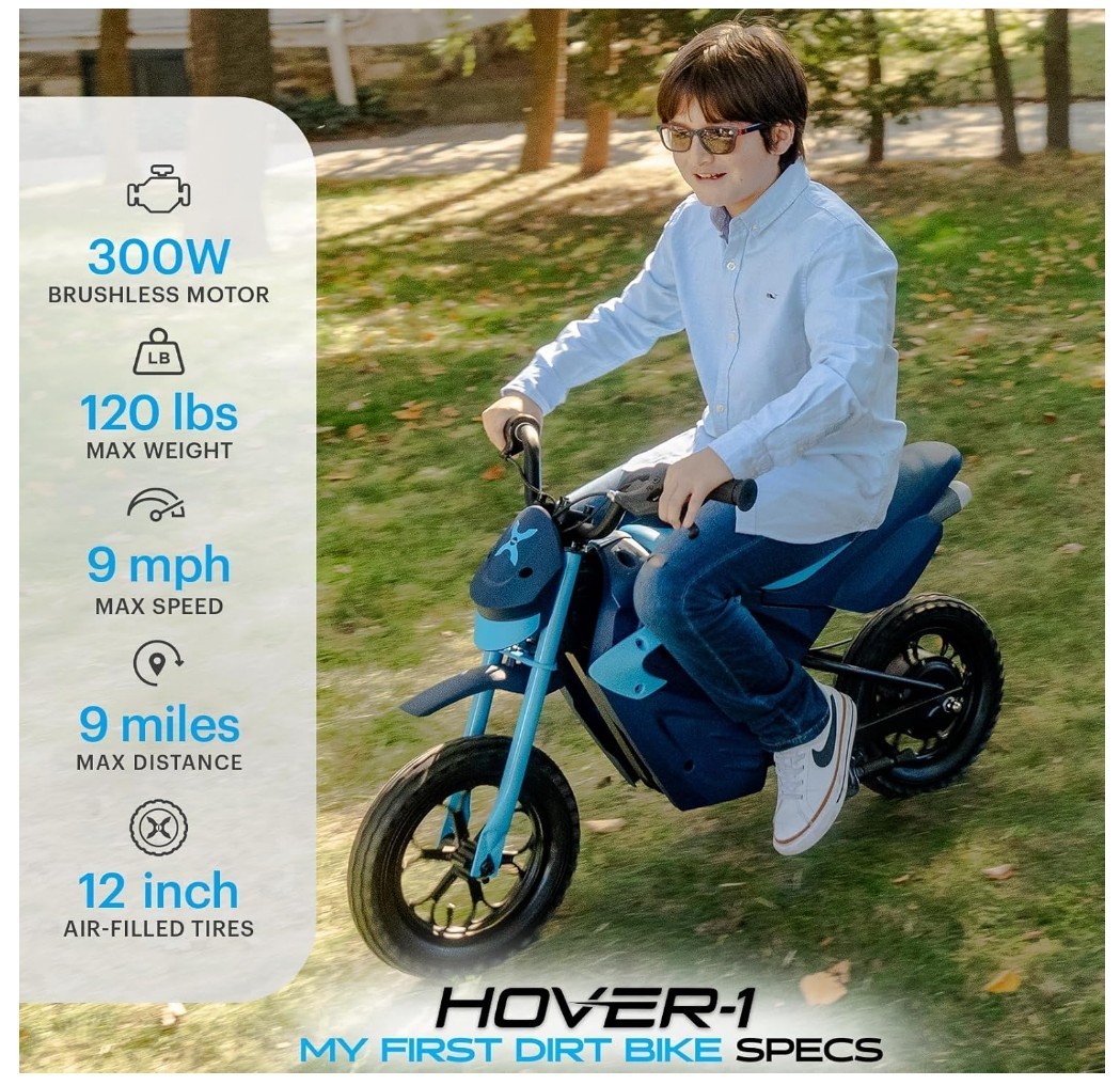 Hover-1 My First Dirt Bike for Kids 300W Motor 9MPH Max Speed, 12″-Blue