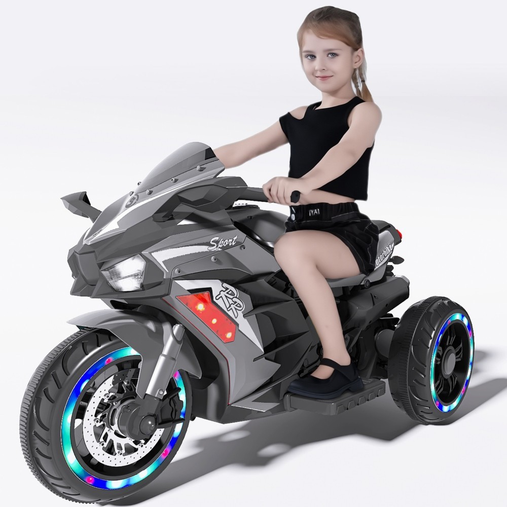 12V Gray Kids Electric Motorcycle, USB MP3 Function, Premium Gift for Kids