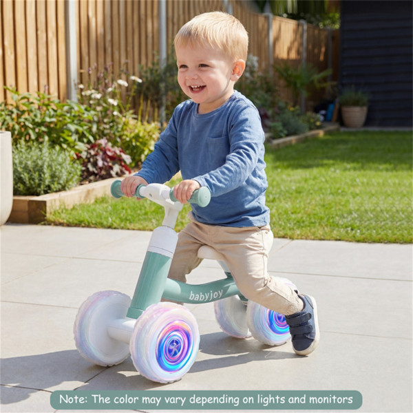 Green Kids 4-Wheel Balance Bike Colorful Light Up Wheels Adjustable Height