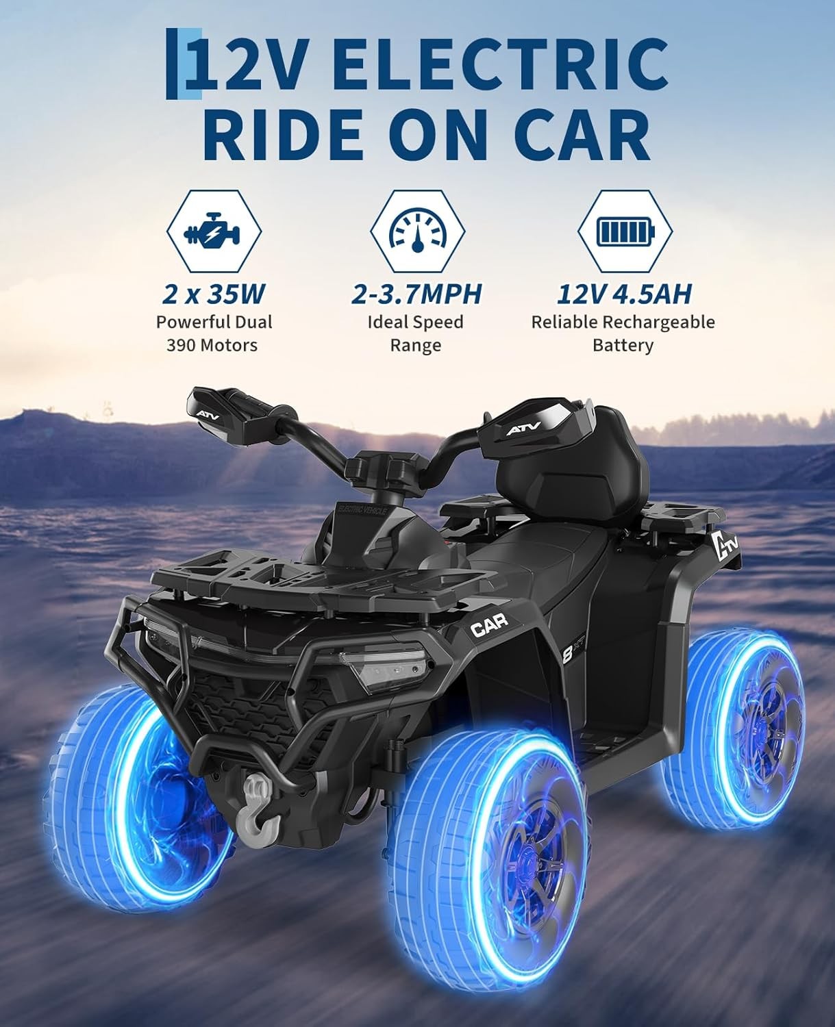 12V Kids Ride-On Electric Car w/ Remote, LED Lights, Built-in Music, Dual Motors