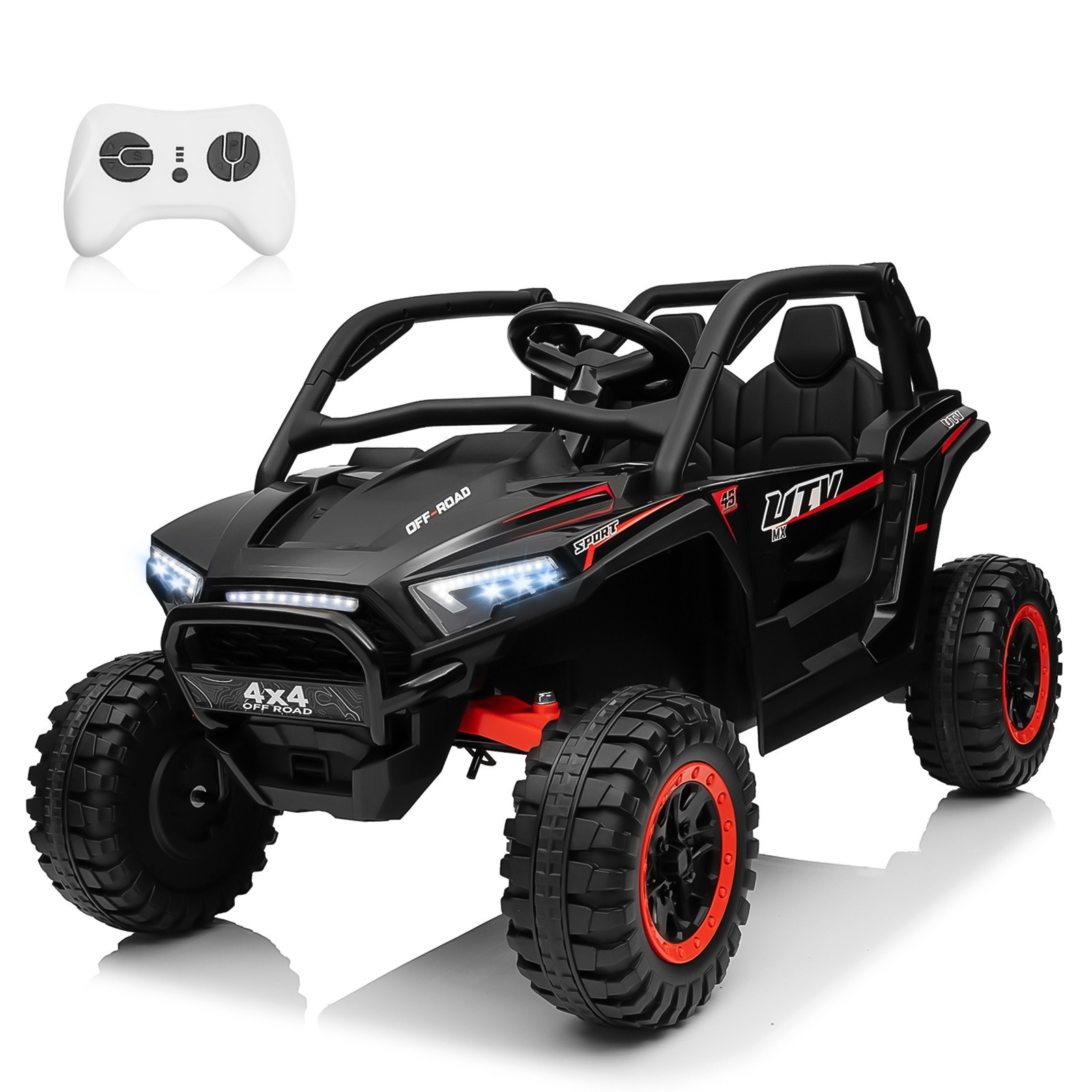 Kids Ride-On Car 2 Seater Black with Parent Remote, 4WD UTV, Bluetooth Music