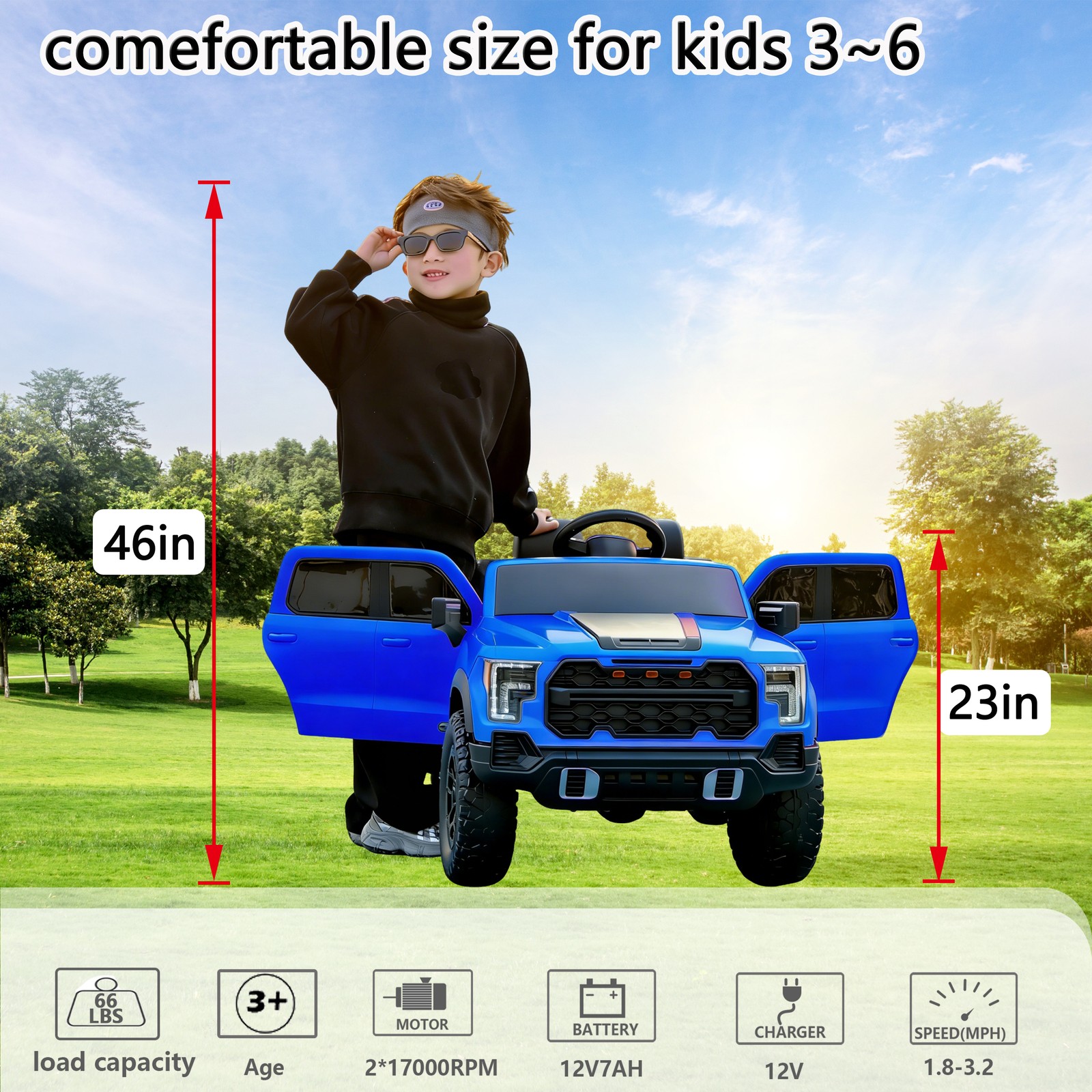 12V Kids Ride-On Car Remote Control, 4-Wheel Shock Absorption 3-6 Years Blue