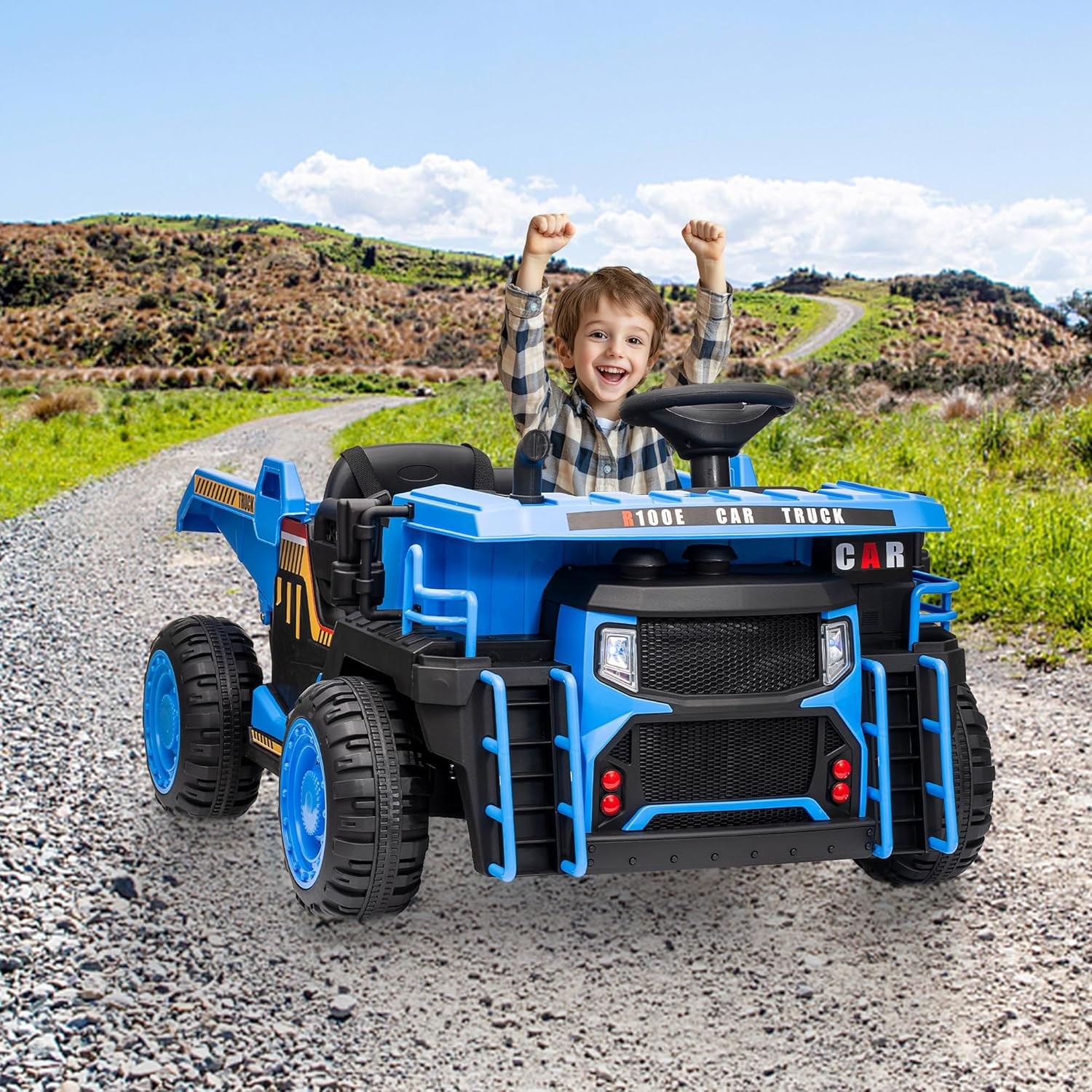 RC Kids Dump Truck in Blue + Auto Dump, LED Lights & Music, 2 Seats for Ages 3+