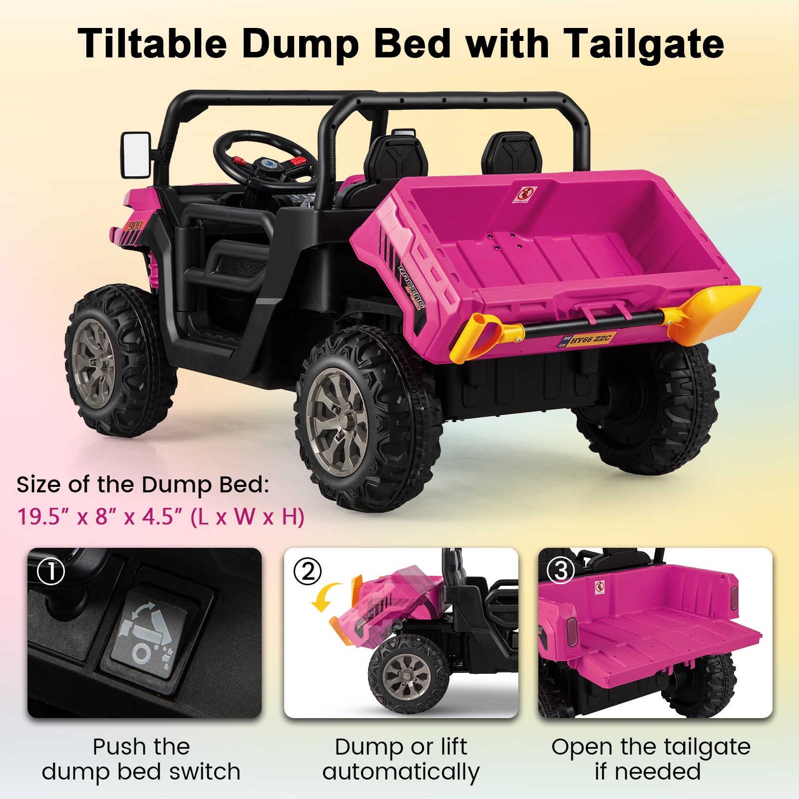 12V 2 Seater Ride On UTV Dump Truck Remote w/ Electric Dump Bed & Shovel Pink