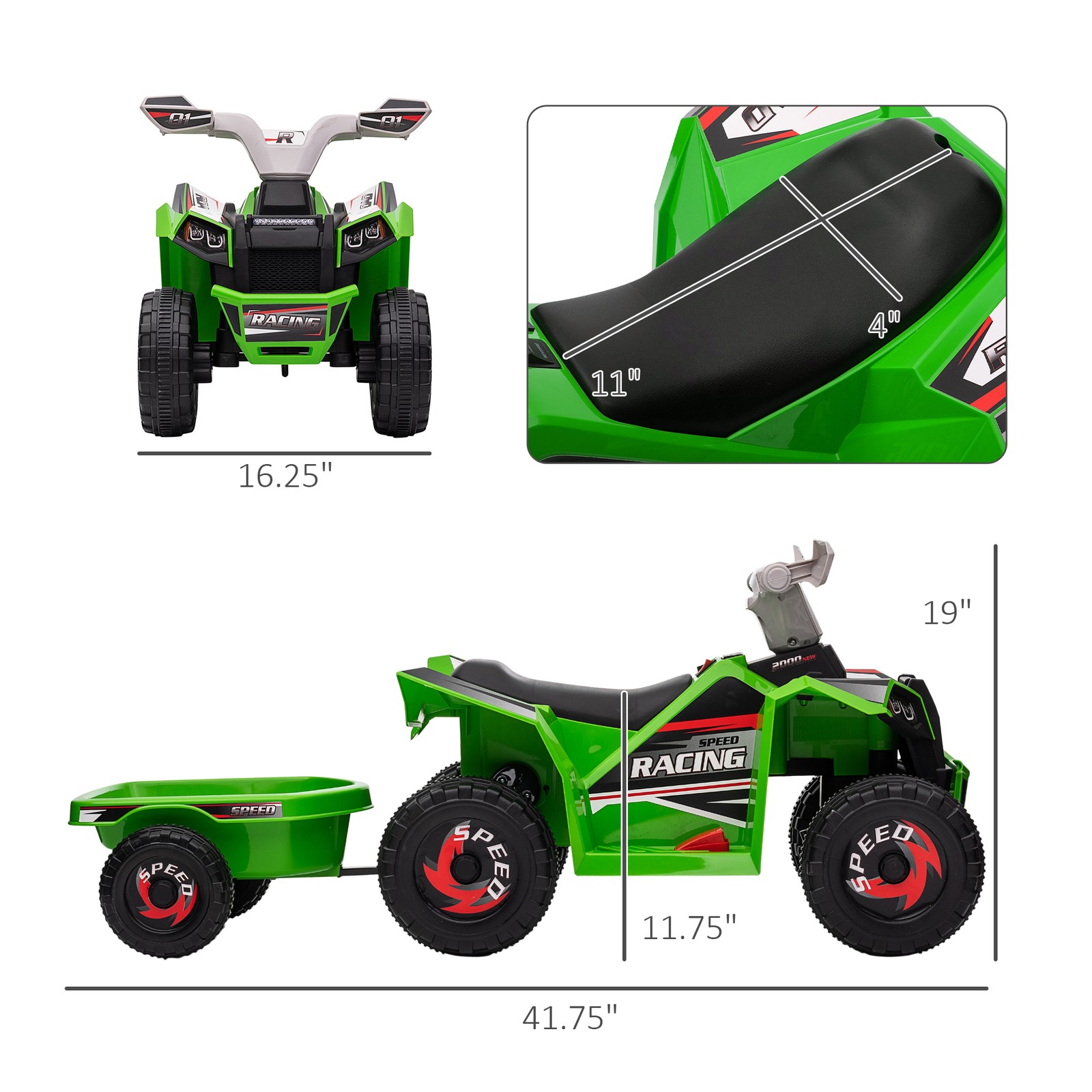 6V Kids ATV Quad Car with Back Trailer, Forward Backward Green