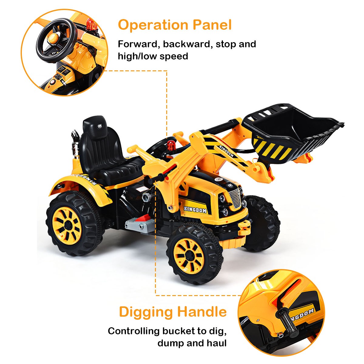 12V Battery Powered Kids Ride On Excavator Truck With Front Loader Digger Yellow