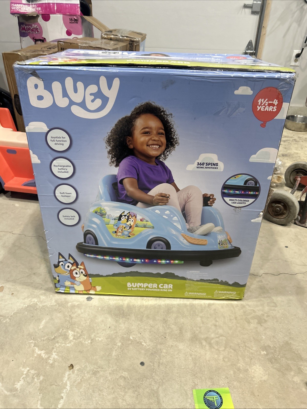 Bluey 6V Bumper Car Ride-On Toy – Kids 18m-4y, 66 lb, LED Lights, 360° Spins
