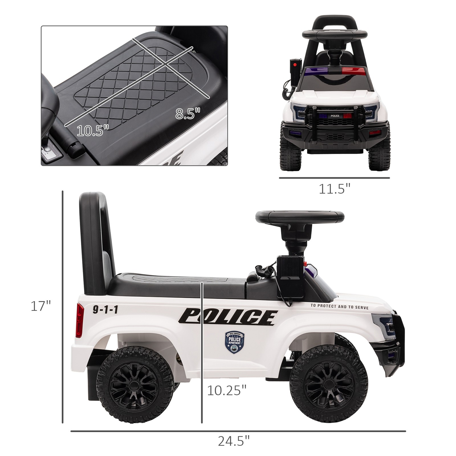 White Kids Push Ride On Police Car Foot to Floor Toy Horn 1.5-5 Years