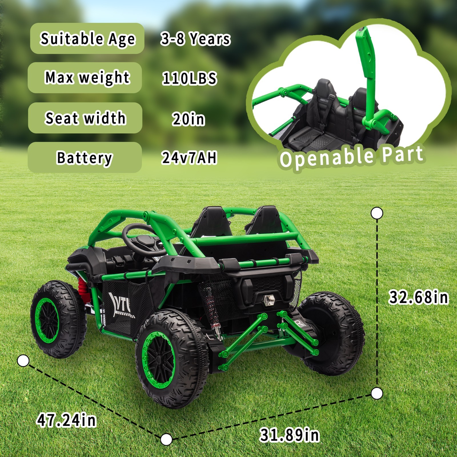24V Kids Ride on Electric Car UTV w/Remote, LED, Battery Power Wheels,Green