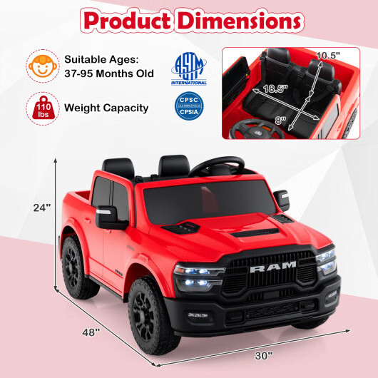 2 Seater 24V Ride on Toy for Big Kids Licensed Ram Truck with Remote and Music-P