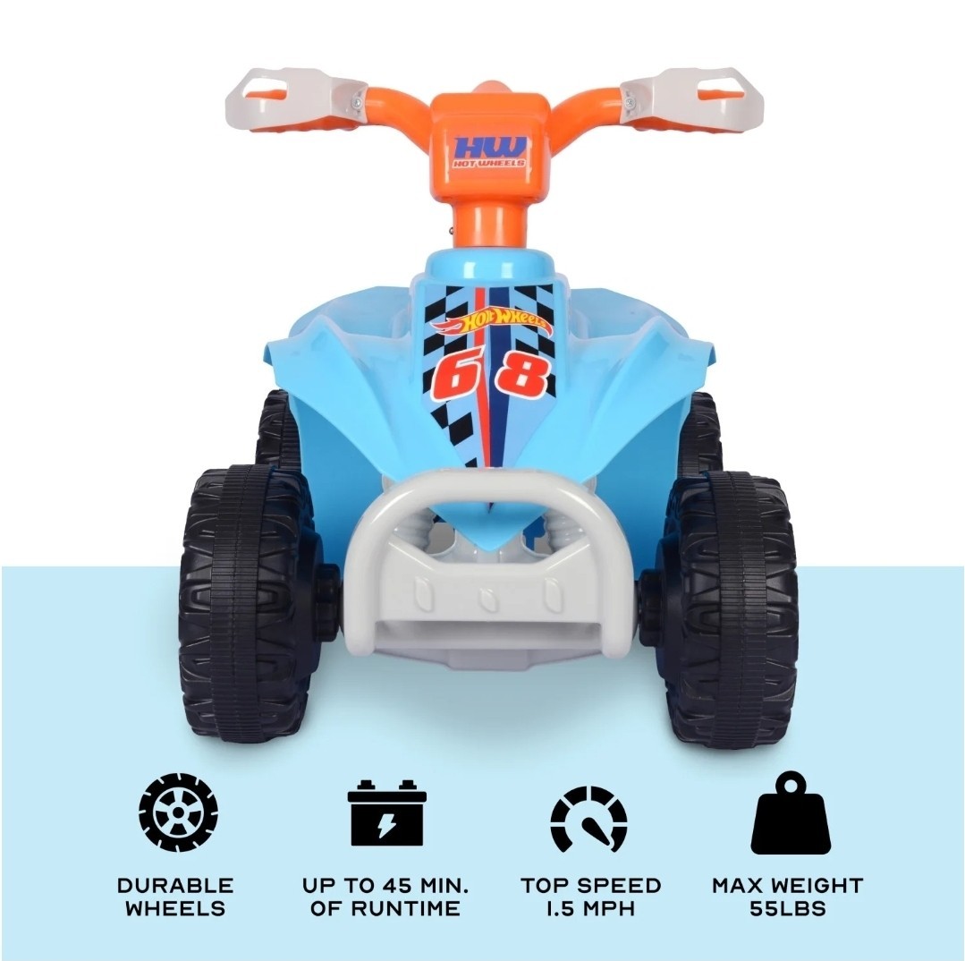Hot Wheels 6V Battery Powered Ride-On ATV Kids Quad Blue/Orange (Ages 3-7)