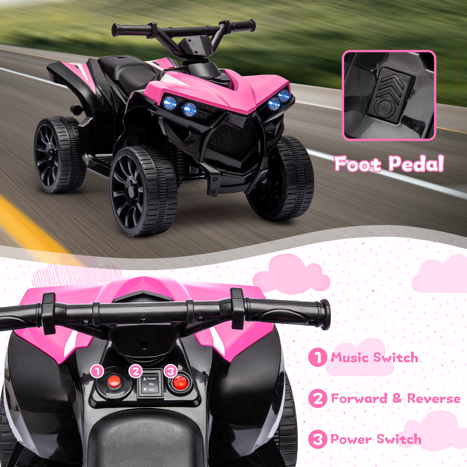Kids Ride on Toy Car, 6V Battery Powered Quad Electric Vehicle with LED Lights