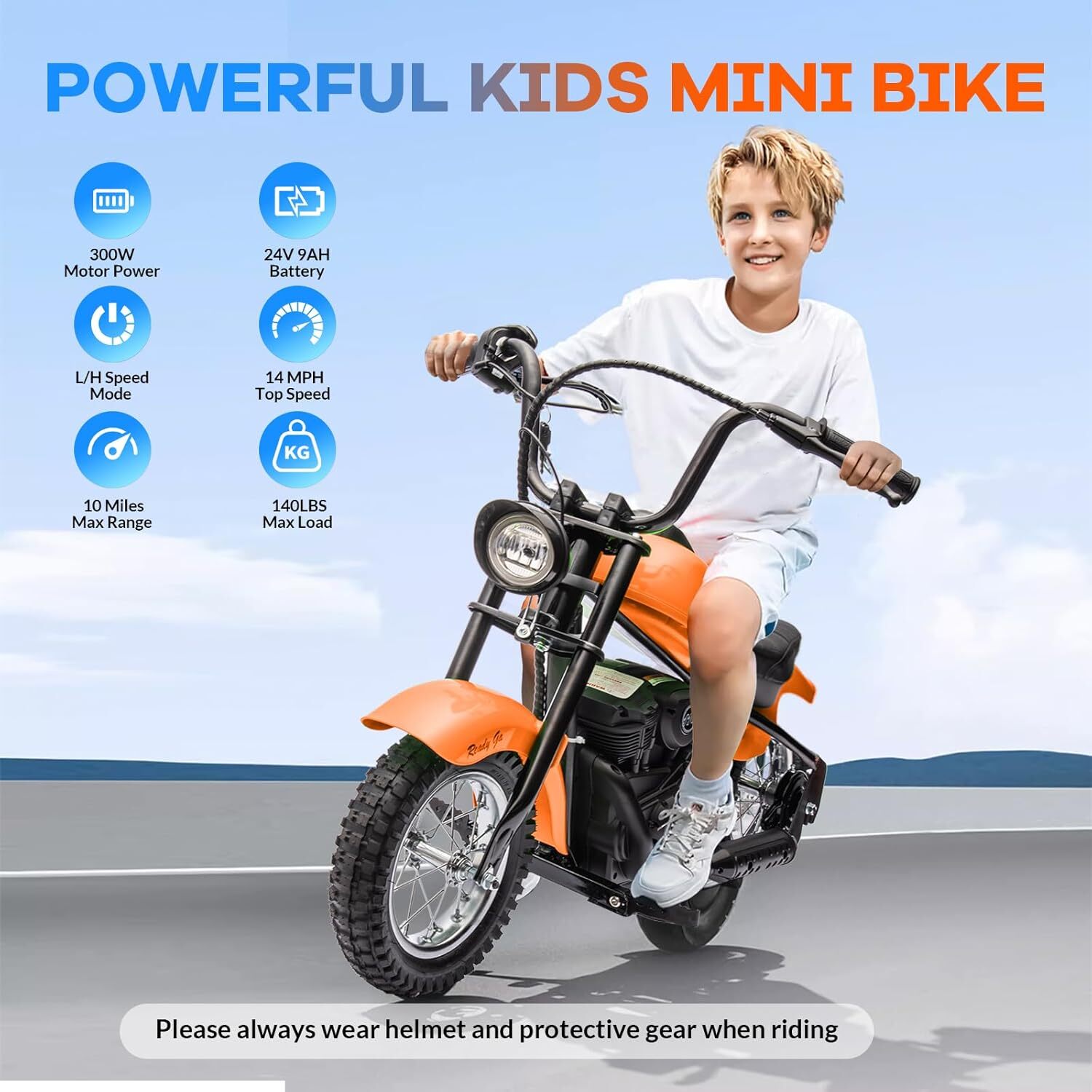 Electric Motorcycle 24V 250W 2 Speeds Max Up to 14MPH for Kids/Teens Orange