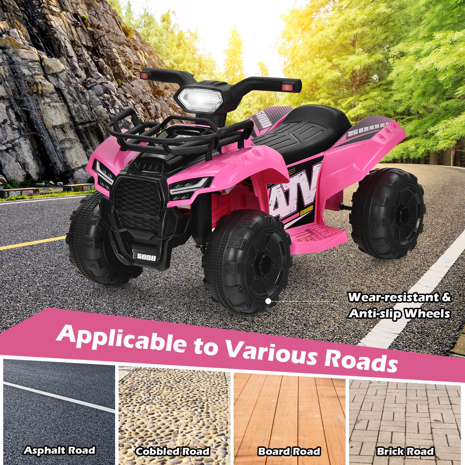 6V 4 Wheels ATV Quad Ride On Car Kids Ride-On Toy w/ Music Horn LED Light Pink