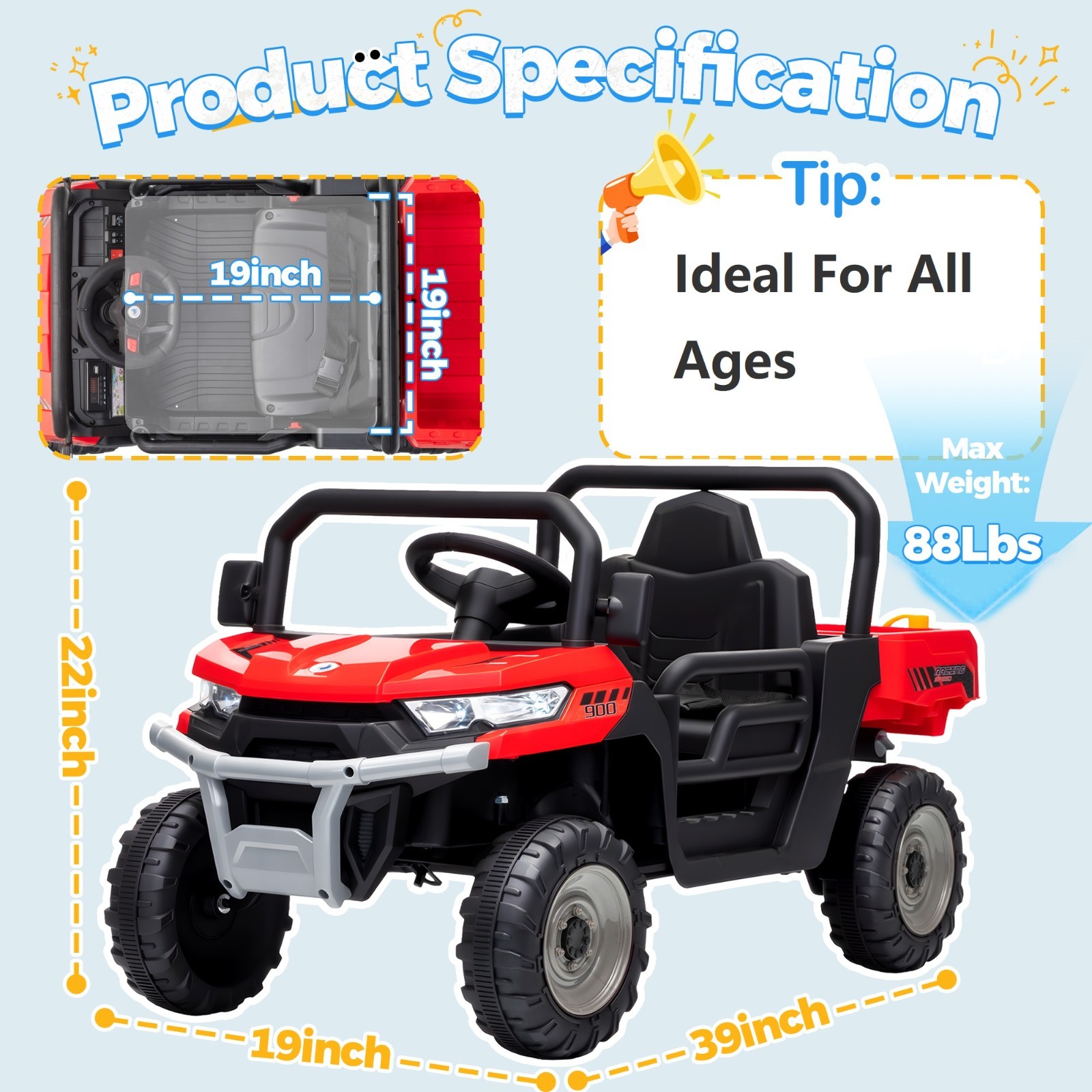 24V Kids UTV Dump Truck RC Spring Suspension Dump Bed Shovel Bluetooth LED Light