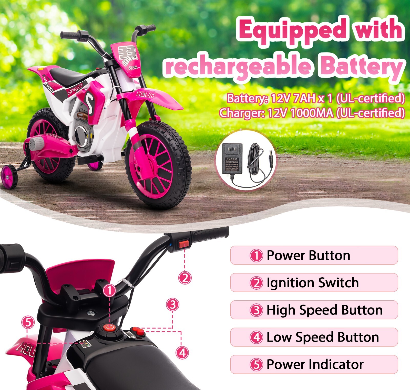12V TOBBI Electric Motorcycle for Kids Battery Powered Ride On Toys with 2 Speed
