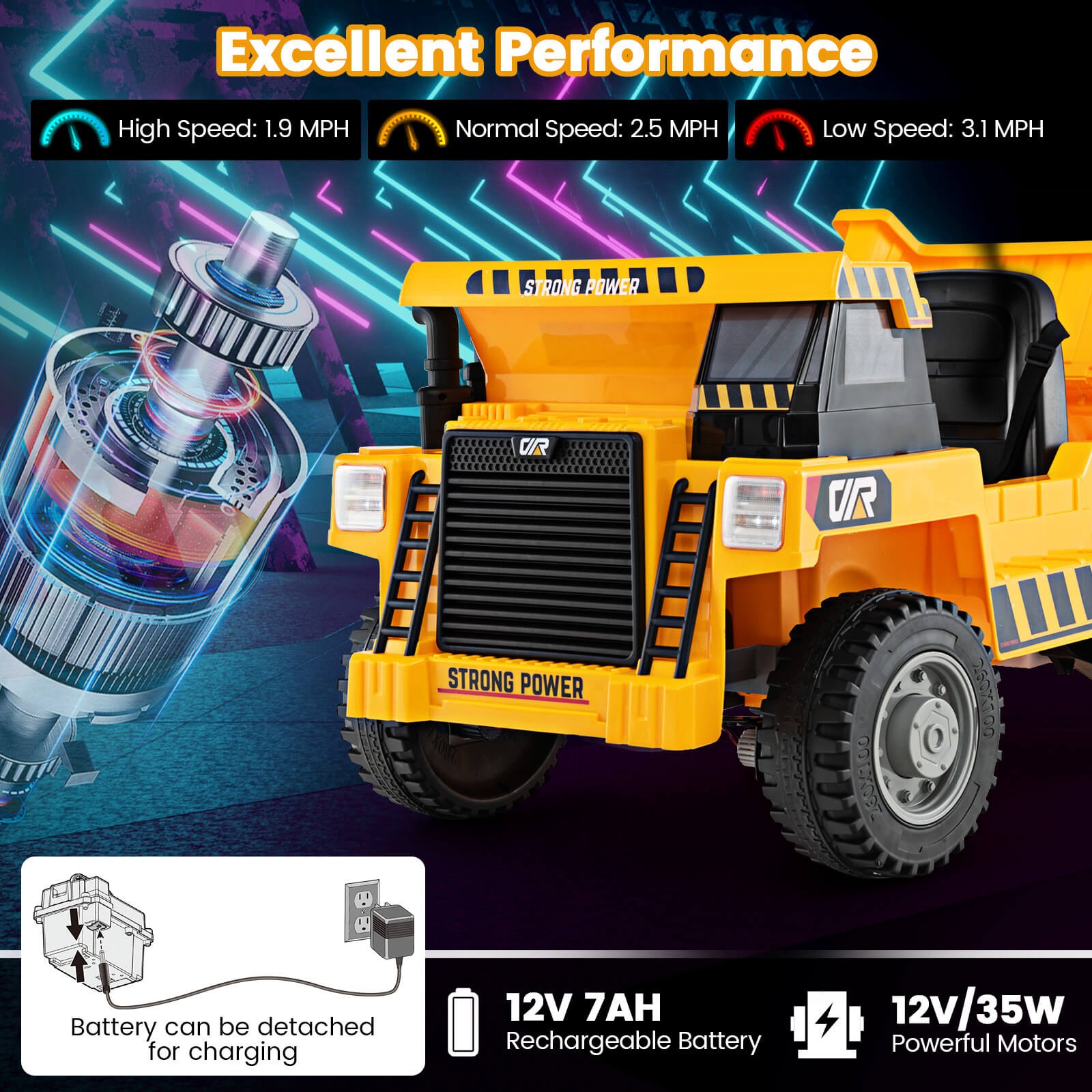 Kids Ride-On Dump Truck w/ Wireless Connection Music LED Lights Soft Start