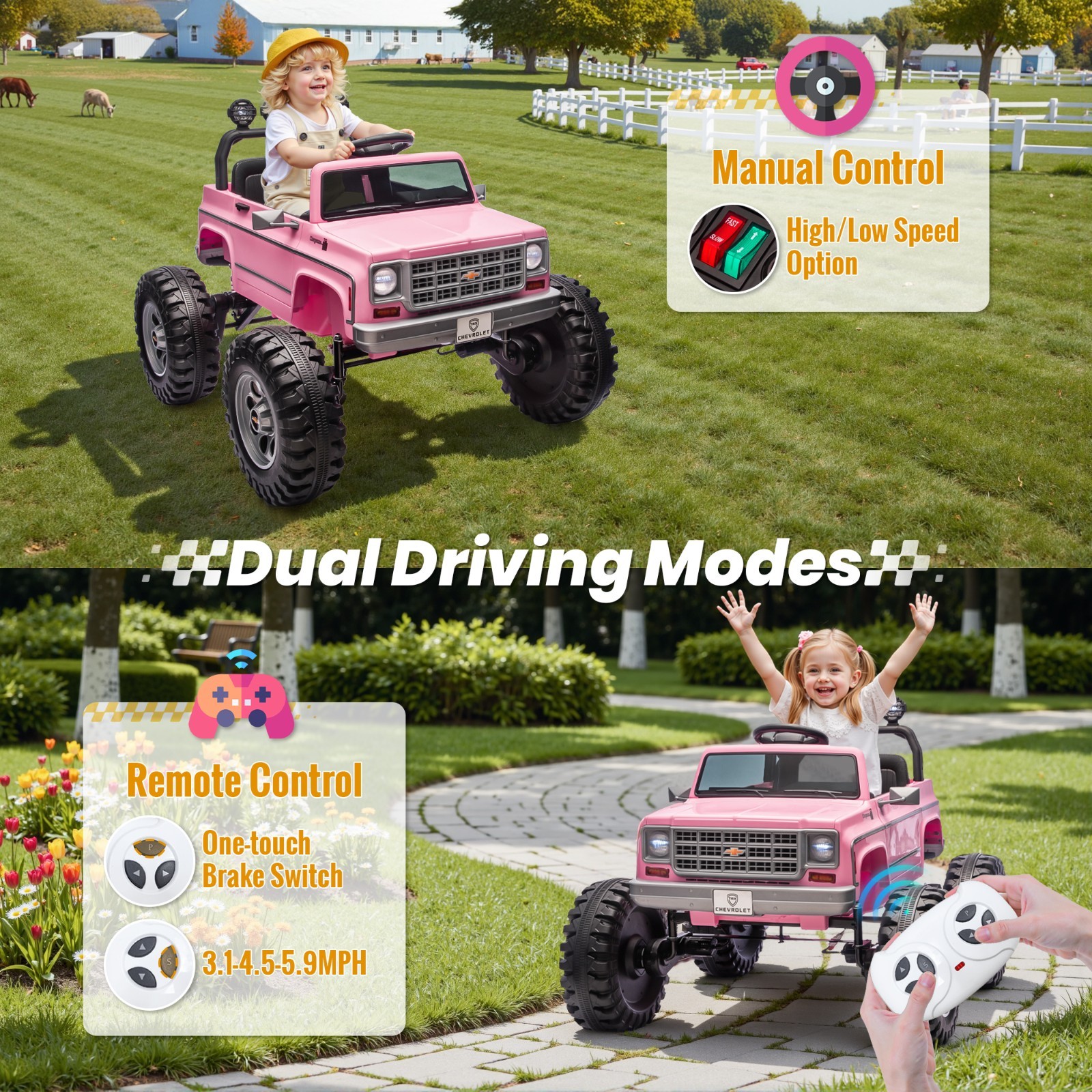 Chevrolet Cheyenne 24V Kids Electric Ride On Truck Remote Bluetooth USB LED Pink