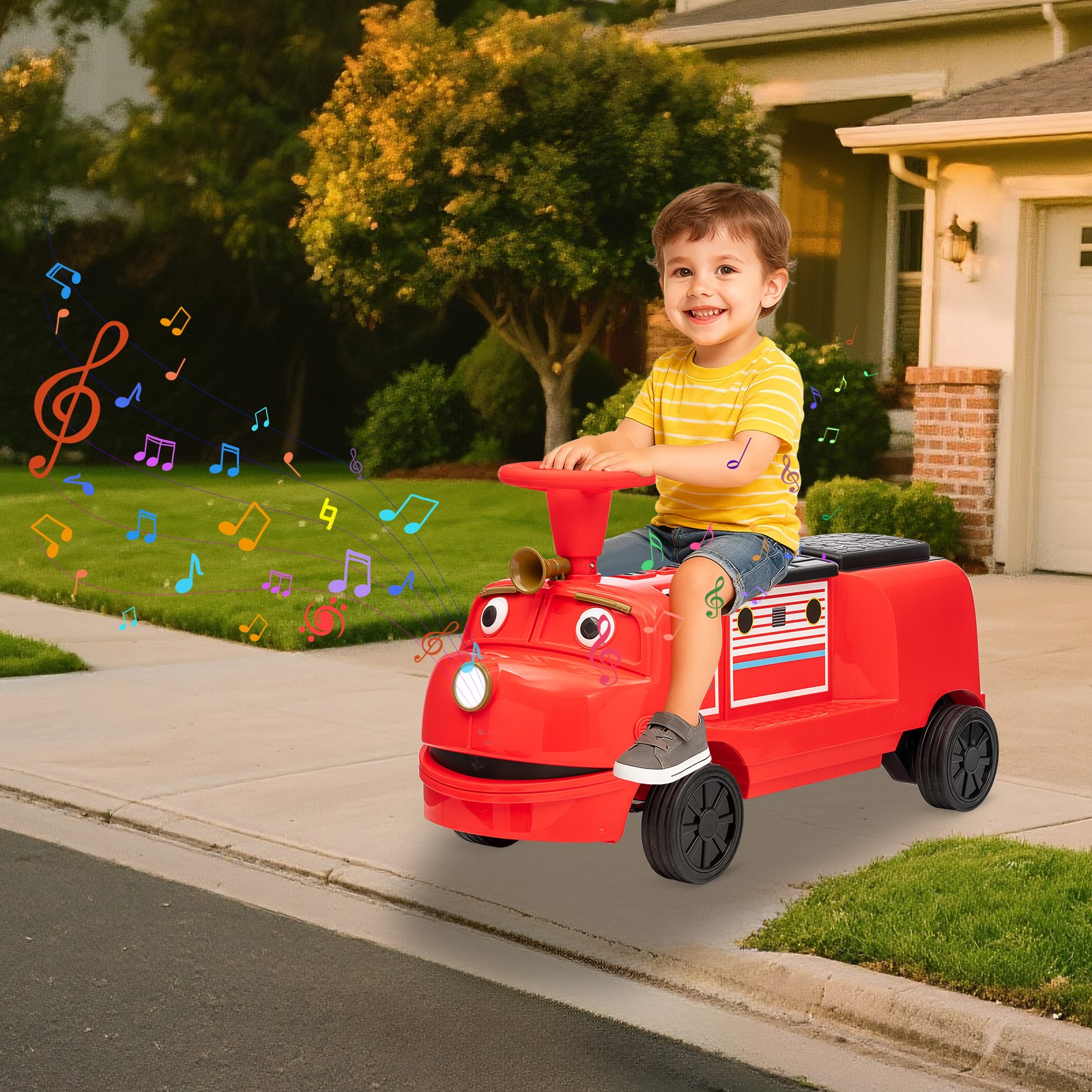 2 Seater Ride On Train Trackless 12V Kids Ride On Toy Car 2 Speed Storage, Music