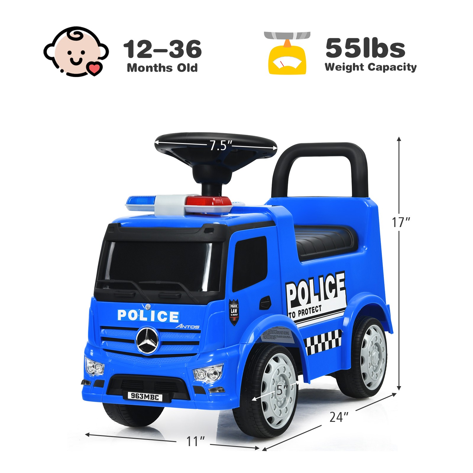 Honeyjoy Kids Ride On Push Police Car Licensed Mercedes Benz Push and Ride Racer