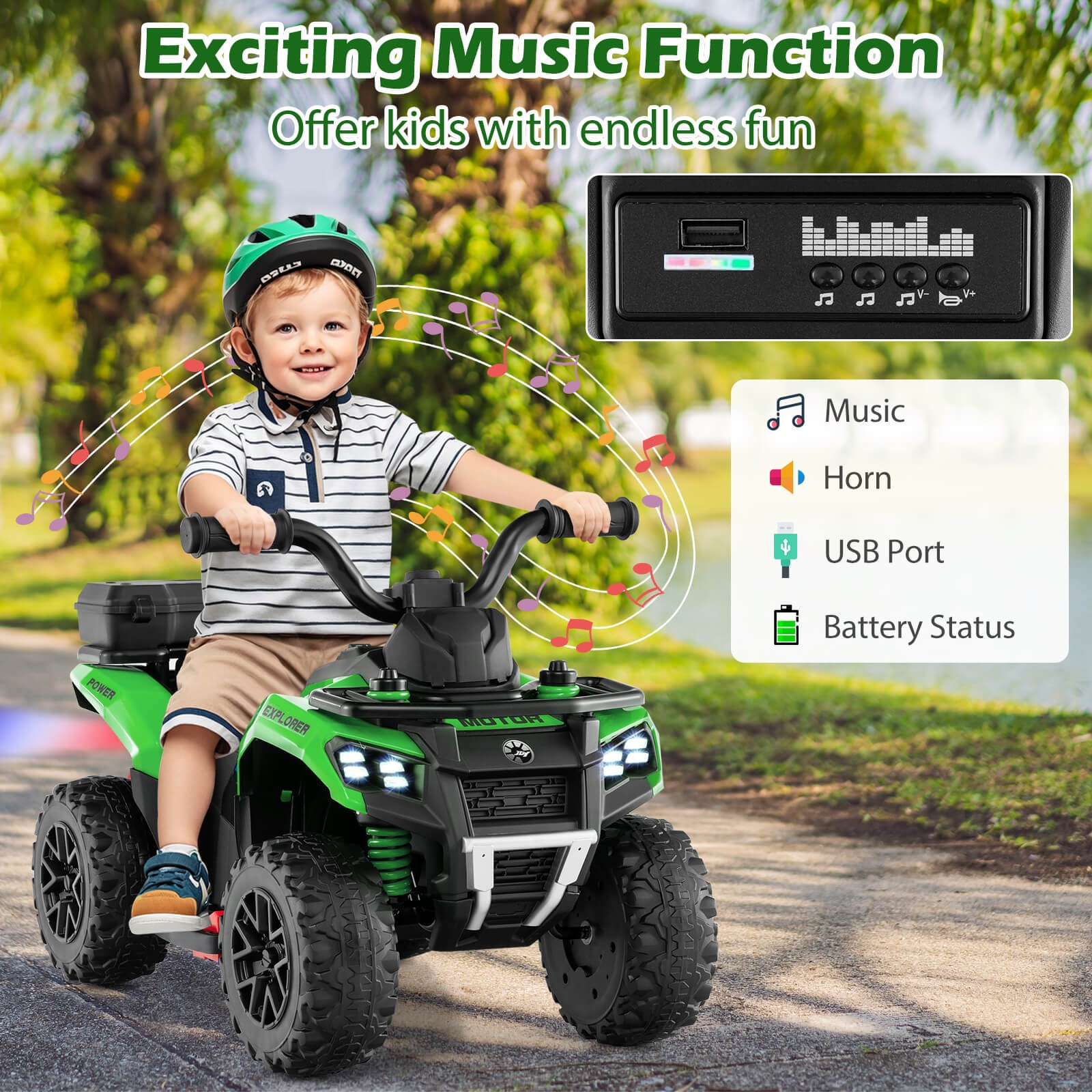 6V Kids Ride On ATV w/ Music & Spray Function USB Port Storage Box Toy Car