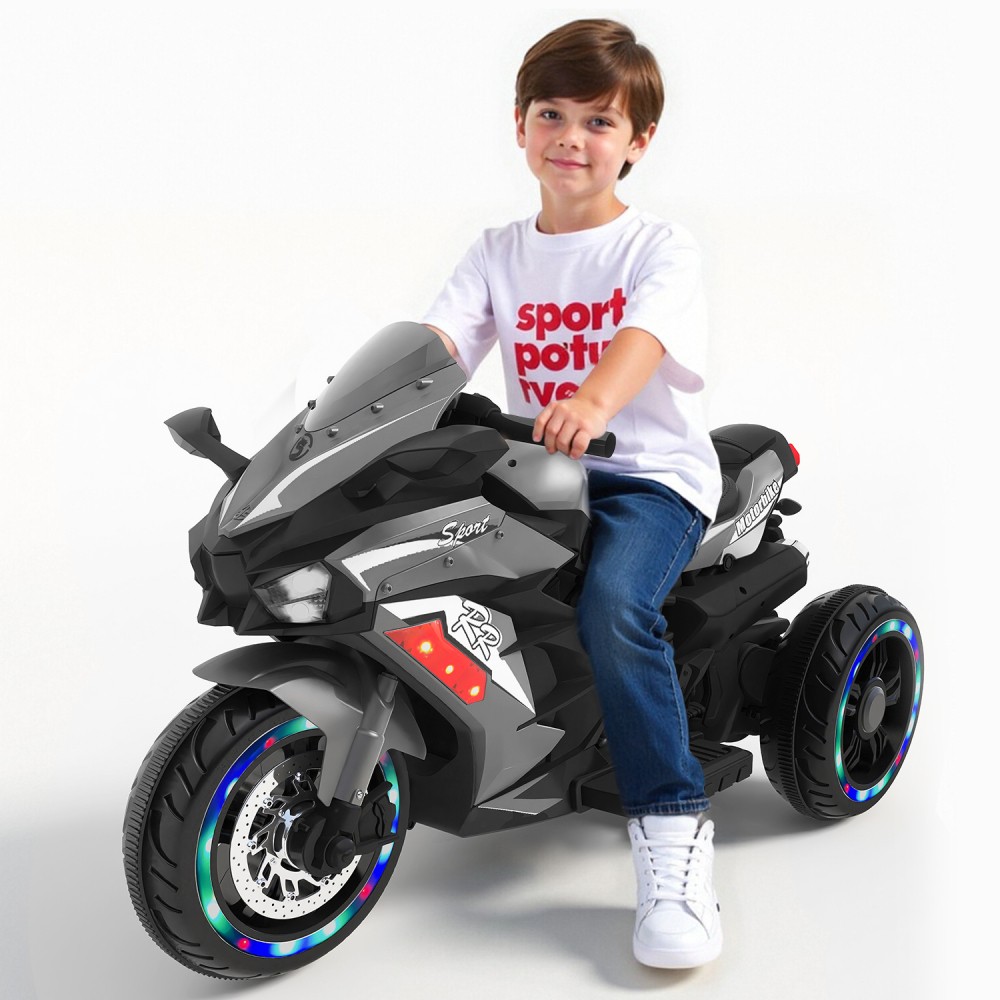 12V Gray Kids Electric Motorcycle, USB MP3 Function, Premium Gift for Kids